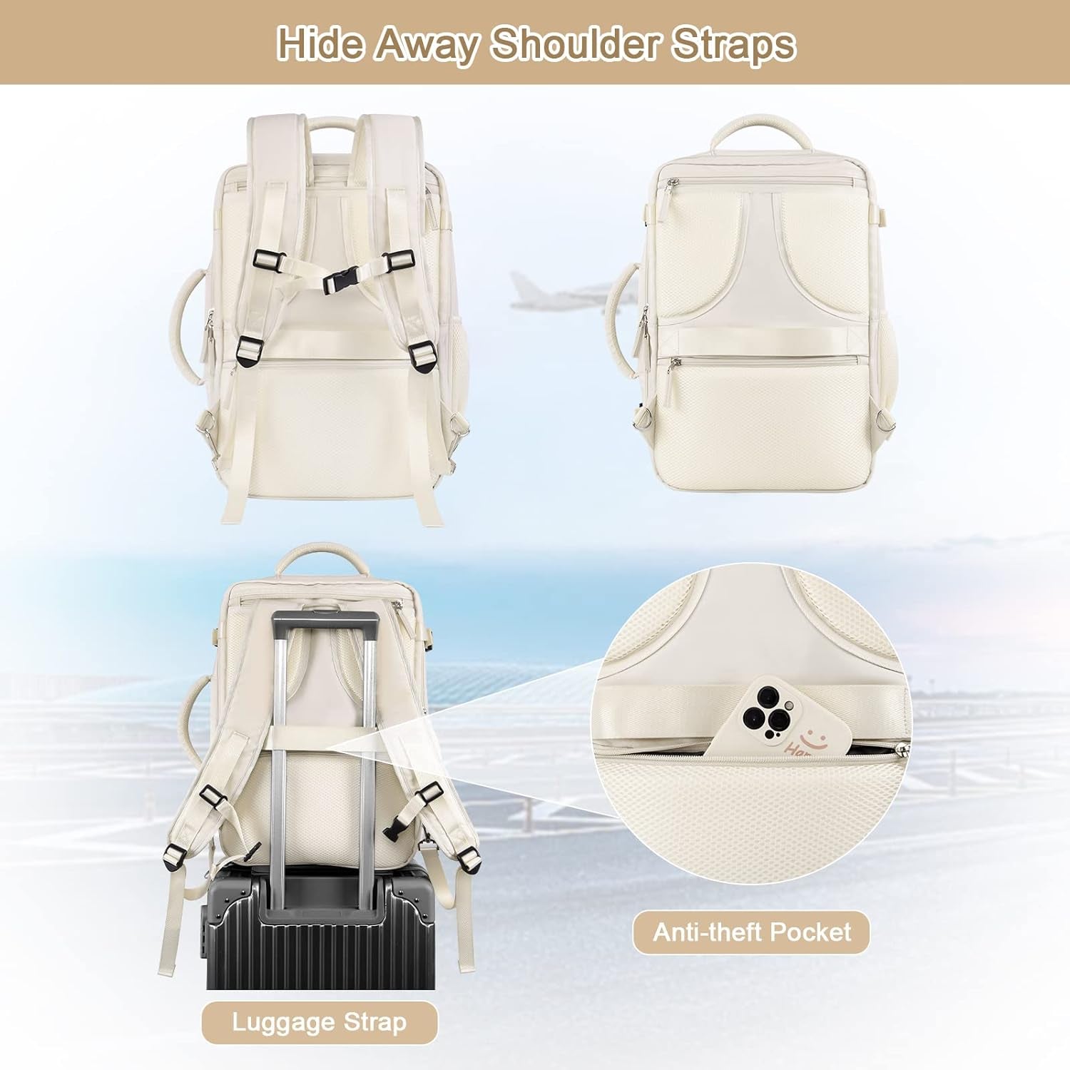 Women's Expandable 40L Travel Backpack, Flight Approved Carry-On, Waterproof 17-Inch Laptop Bag for College, Travel, and Work - Beige