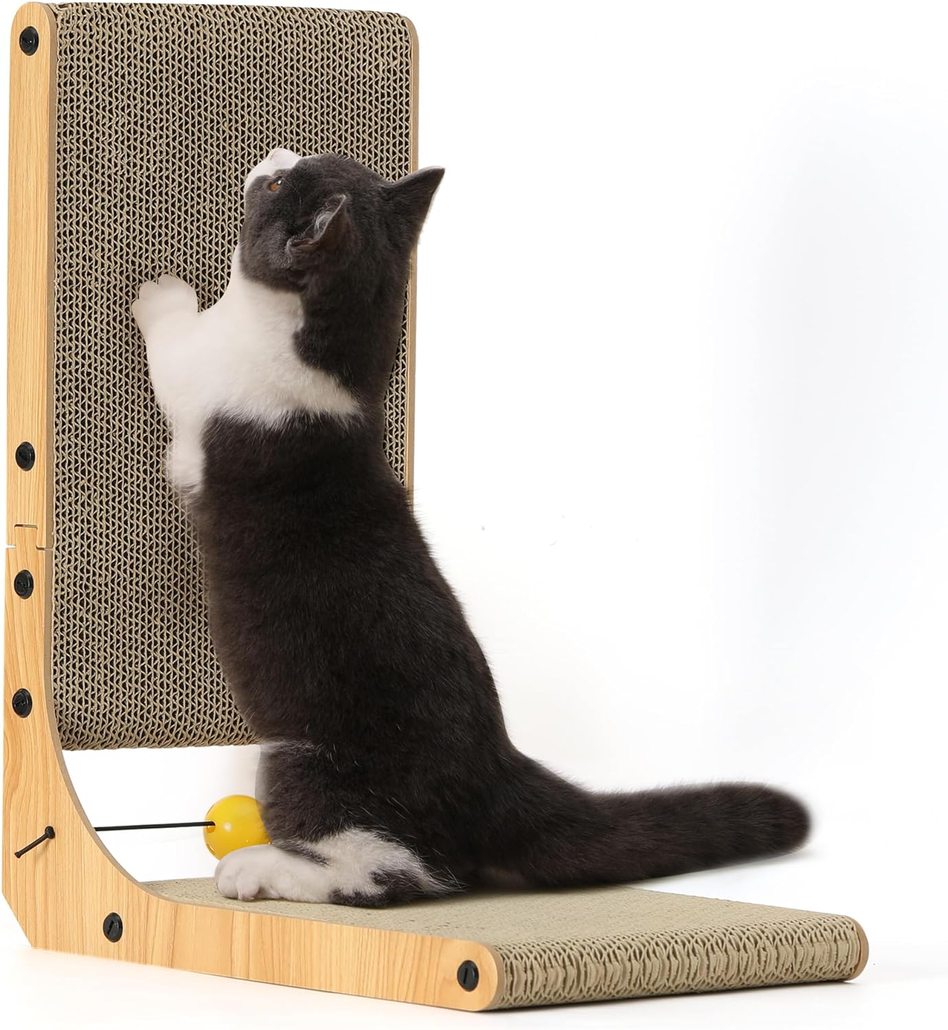 L-Shaped Wall-Mounted Cat Scratcher - 26.8 Inch Cardboard Scratch Pad with Ball Toy for Indoor Cats, Large Size
