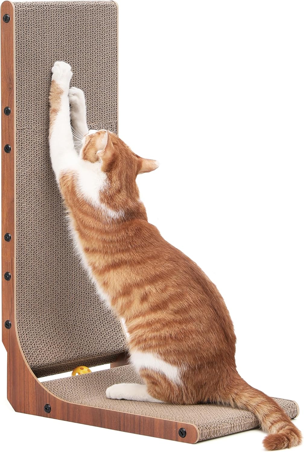 L-Shaped Wall-Mounted Cat Scratcher - 26.8 Inch Cardboard Scratch Pad with Ball Toy for Indoor Cats, Large Size