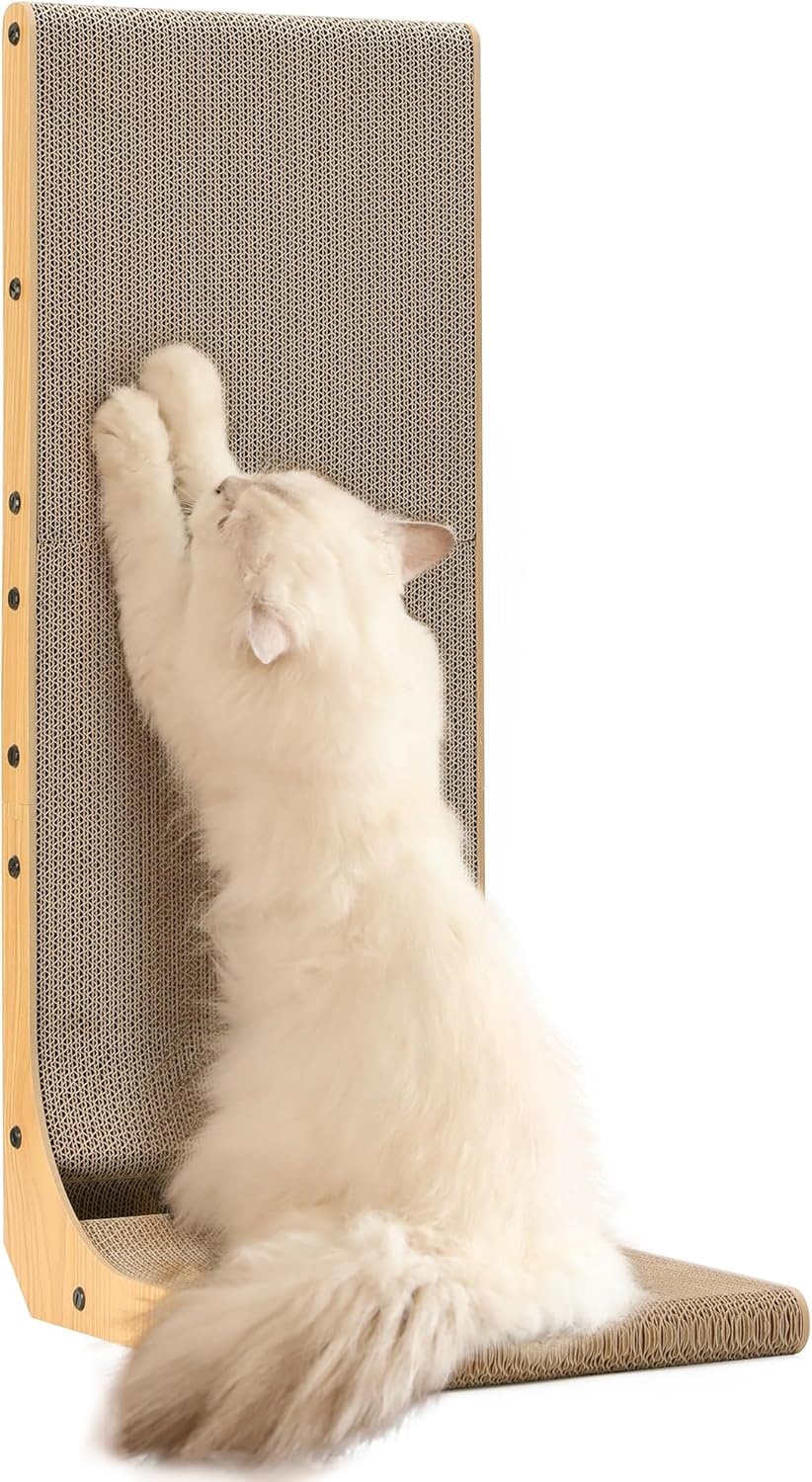 L-Shaped Wall-Mounted Cat Scratcher - 26.8 Inch Cardboard Scratch Pad with Ball Toy for Indoor Cats, Large Size