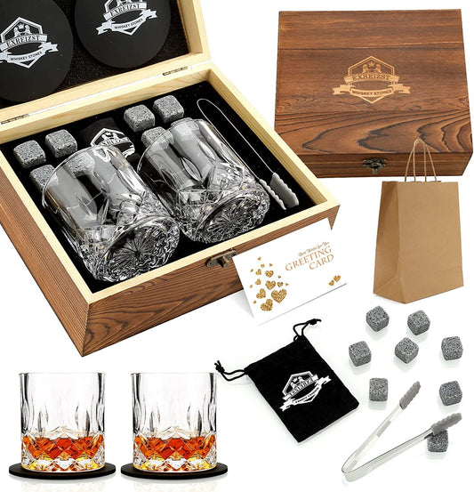 Whiskey Stones Gift Set - Two Granite Whiskey Glasses with Chilling Rocks - Premium Scotch and Bourbon Gift Box - Perfect Father's Day and Birthday Gift for Men