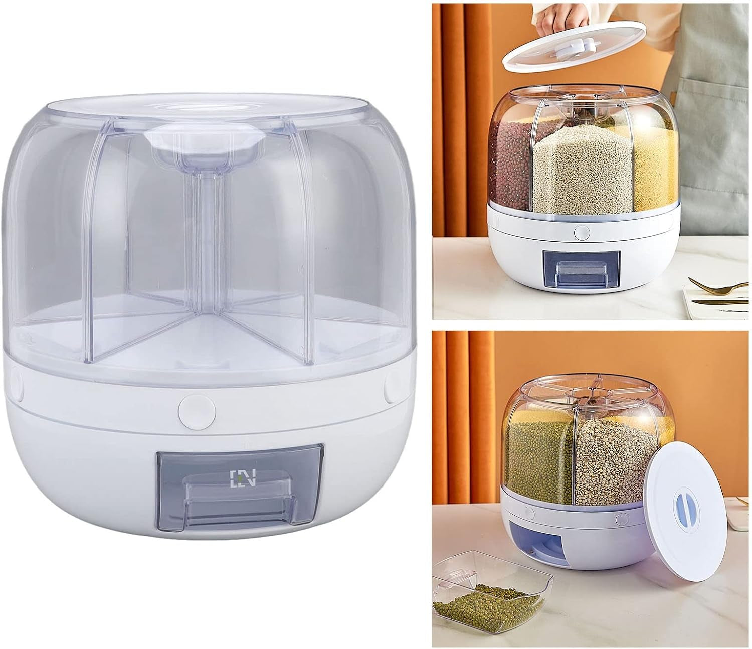 6-Compartment Rotating Rice and Grain Storage Container, 360° Dry Food Dispenser with Lid, 5Kg Capacity for Home Kitchen Use