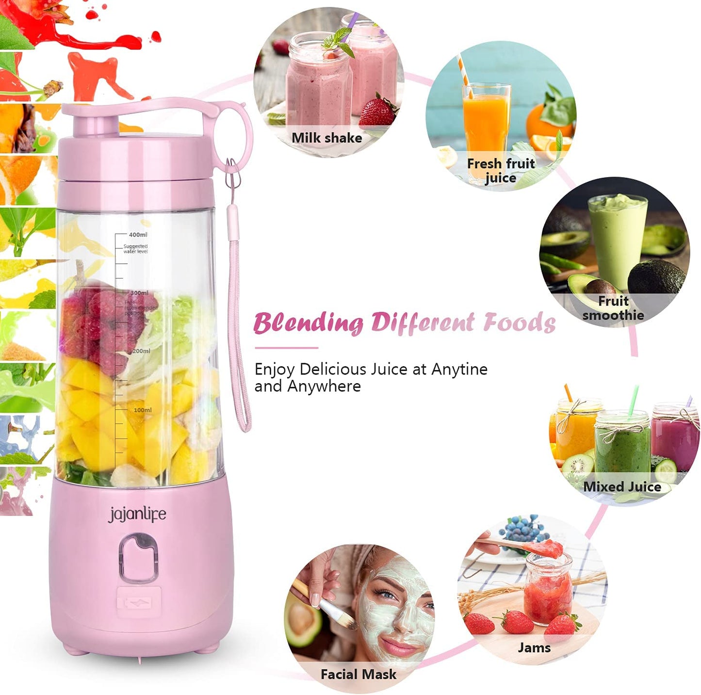 Portable Personal Blender for Shakes and Smoothies - 4000mAh Rechargeable Mini Travel Blender with 3D Six Blades, 13.5oz Fruit Mixer Cup for Home, Sports, and Outdoor Use in Pink