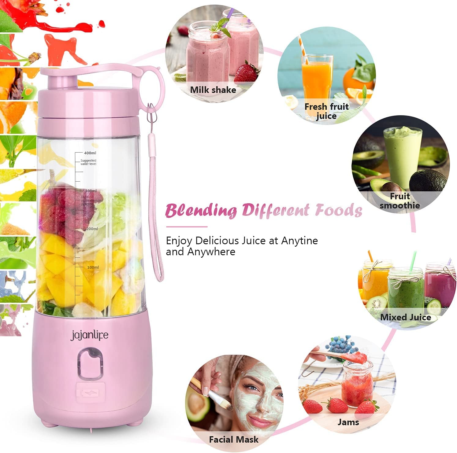 Portable Personal Blender for Shakes and Smoothies - 4000mAh Rechargeable Mini Travel Blender with 3D Six Blades, 13.5oz Fruit Mixer Cup for Home, Sports, and Outdoor Use in Pink