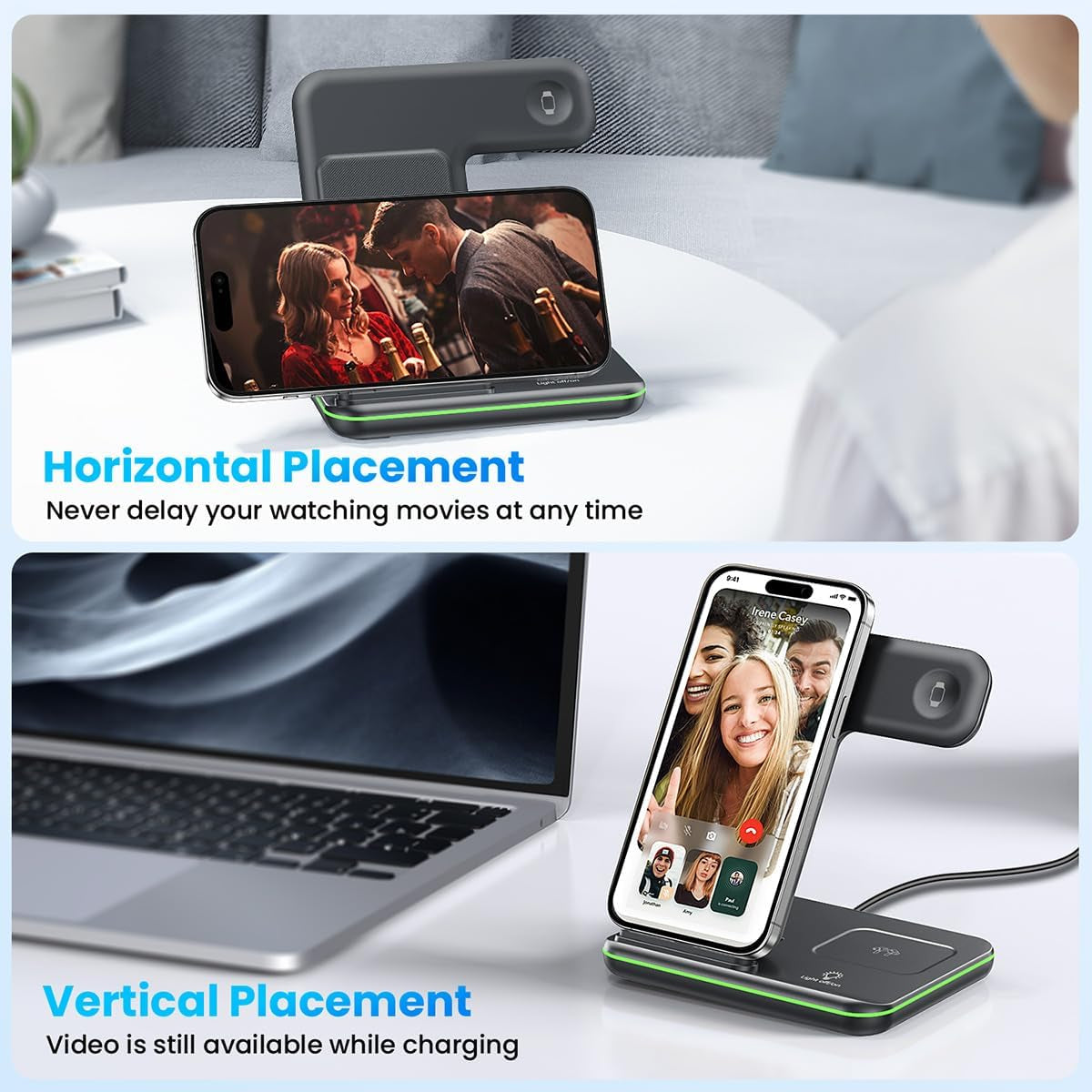 3-in-1 Wireless Charging Station for iPhone 16/15/14/13/12/11/X/8, Apple Watch Series 10/9/8/7/6/5/4/3/2/SE/Ultra/Ultra 2, and AirPods 4/3/2/Pro/Pro 2 (Black)