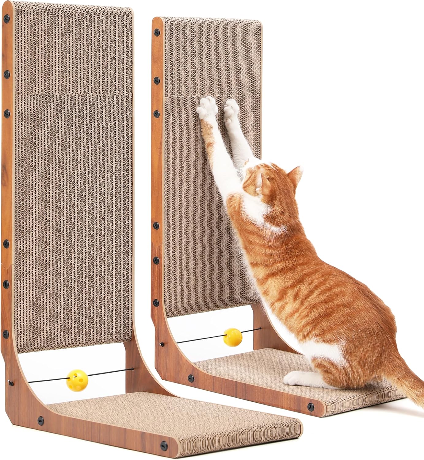 L-Shaped Wall-Mounted Cat Scratcher - 26.8 Inch Cardboard Scratch Pad with Ball Toy for Indoor Cats, Large Size