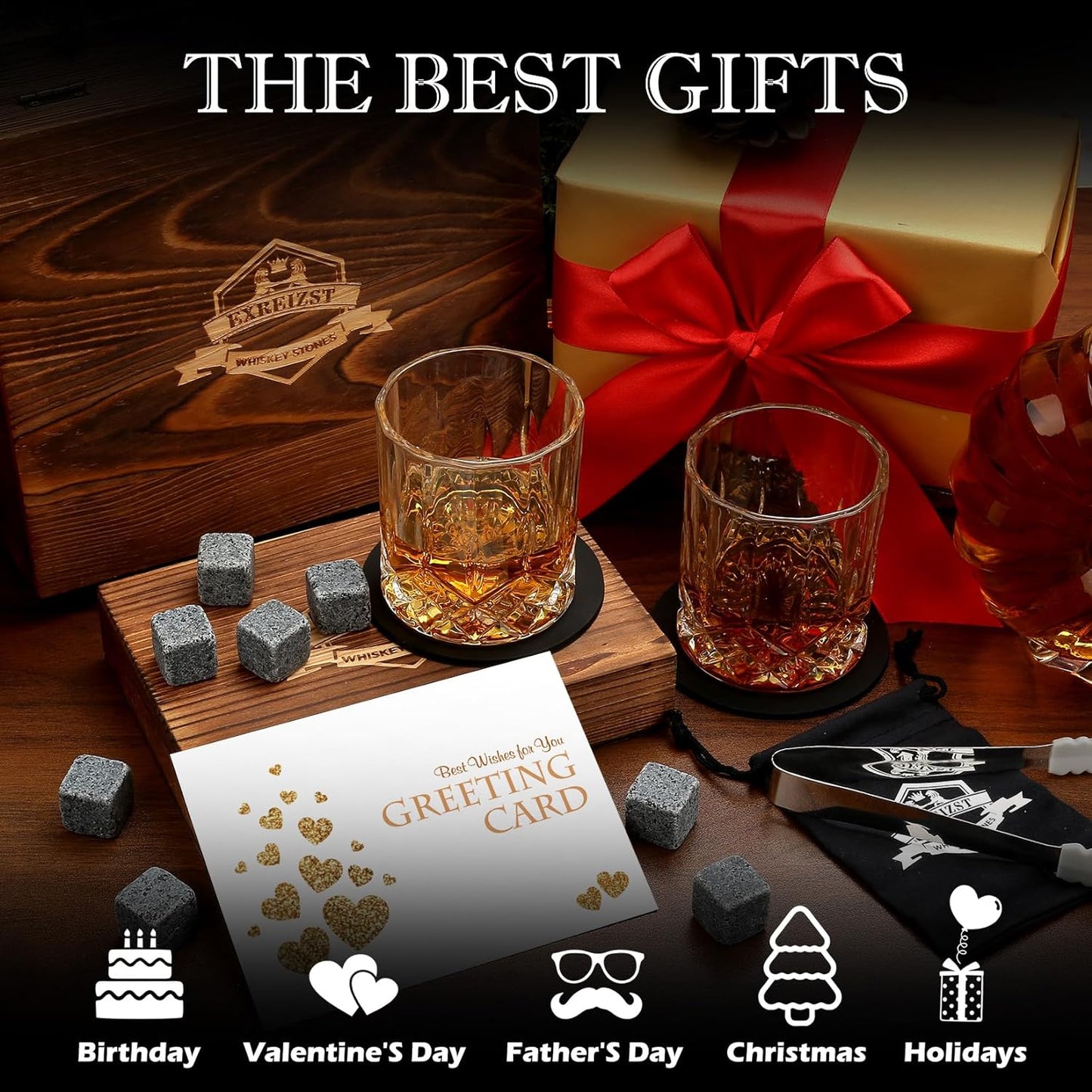 Whiskey Stones Gift Set - Two Granite Whiskey Glasses with Chilling Rocks - Premium Scotch and Bourbon Gift Box - Perfect Father's Day and Birthday Gift for Men