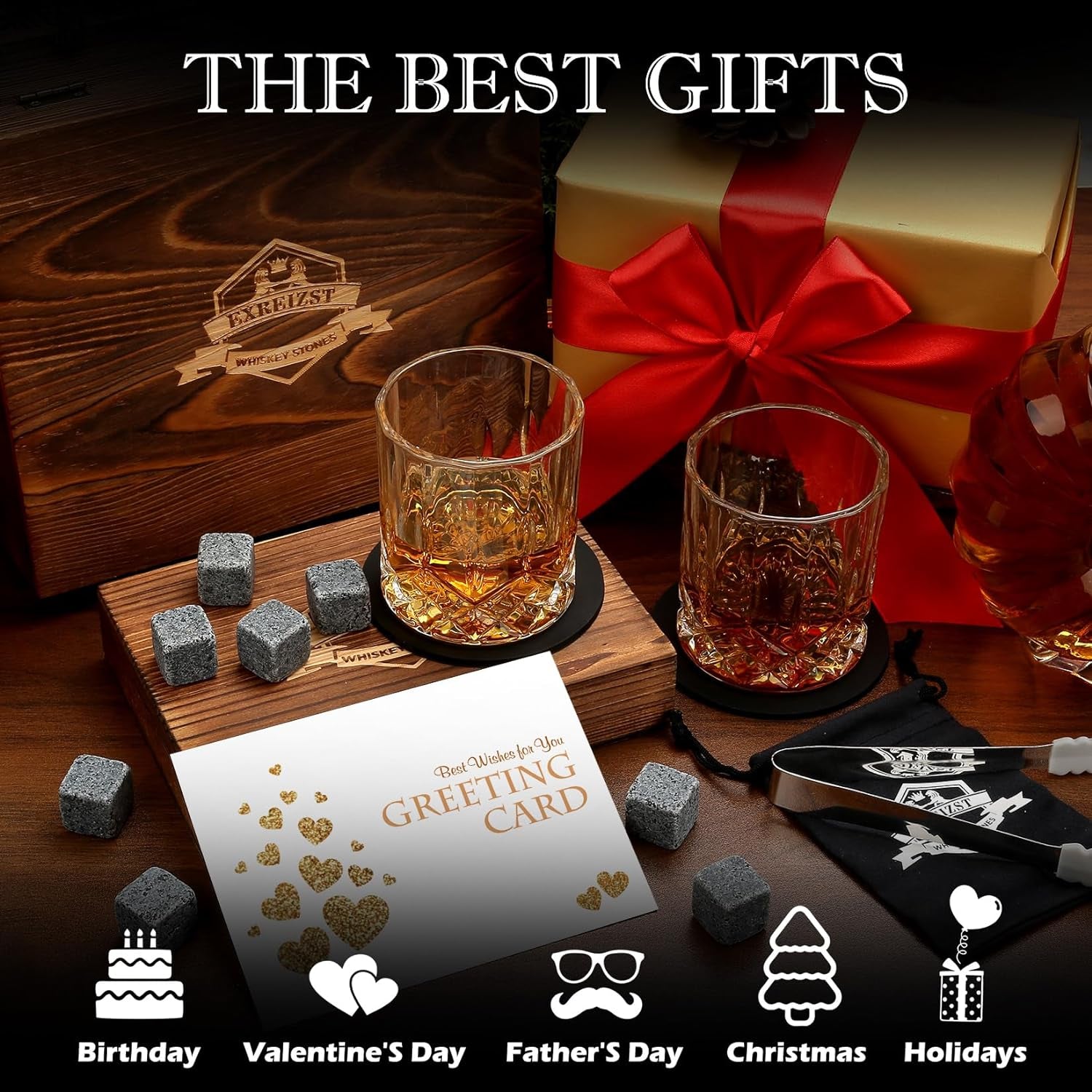 Whiskey Stones Gift Set - Two Granite Whiskey Glasses with Chilling Rocks - Premium Scotch and Bourbon Gift Box - Perfect Father's Day and Birthday Gift for Men