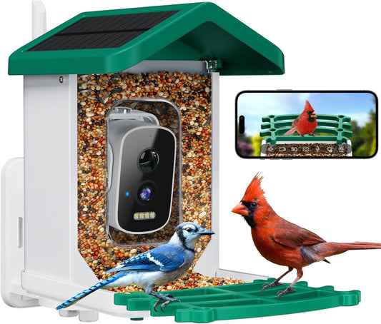 Smart Bird Feeder with Camera, AI Bird Species Identification Solar Powered Panel, 2.5K HD Video Bird House with Camera for outside Garden, Ideal Gifts for Lover,Green
