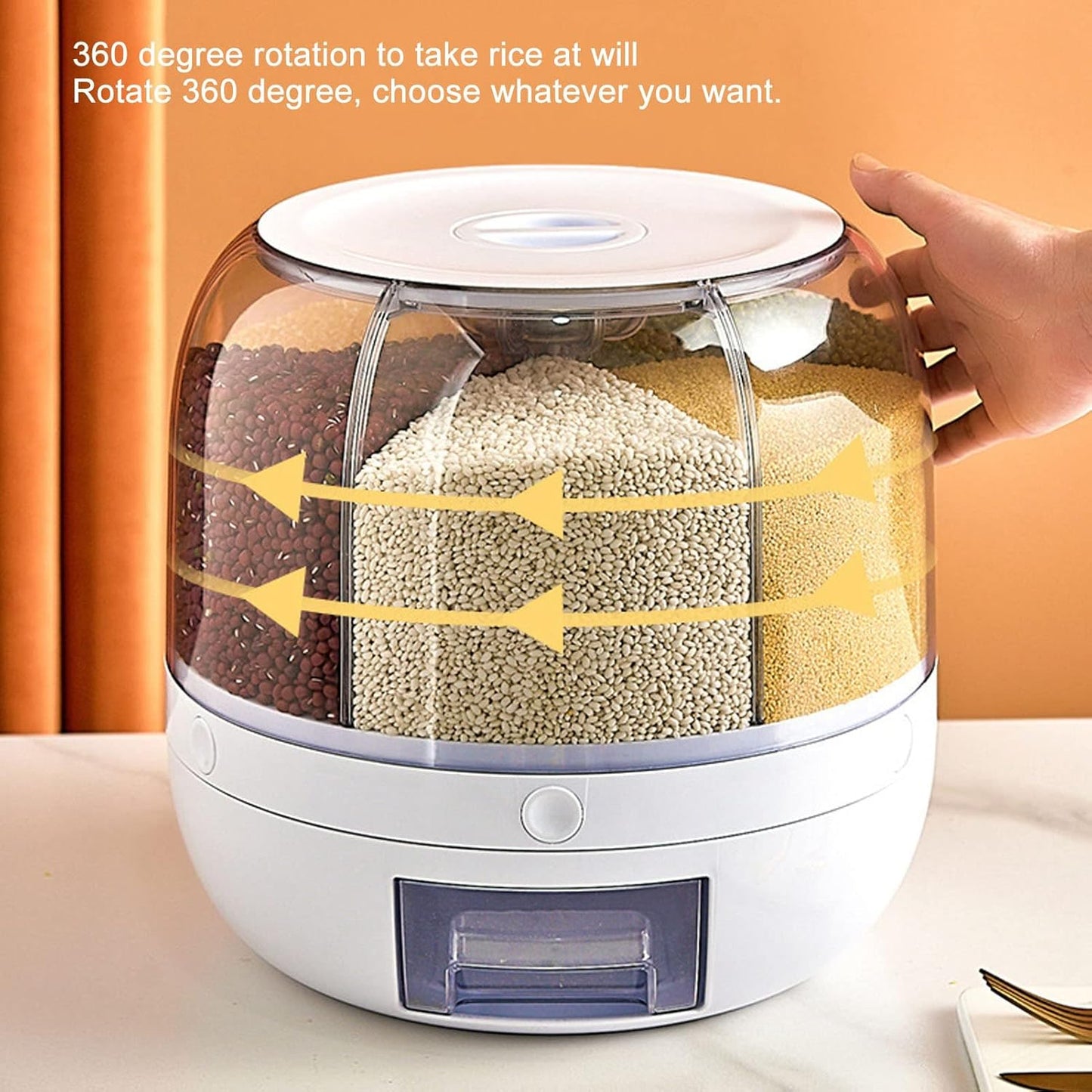 6-Compartment Rotating Rice and Grain Storage Container, 360° Dry Food Dispenser with Lid, 5Kg Capacity for Home Kitchen Use