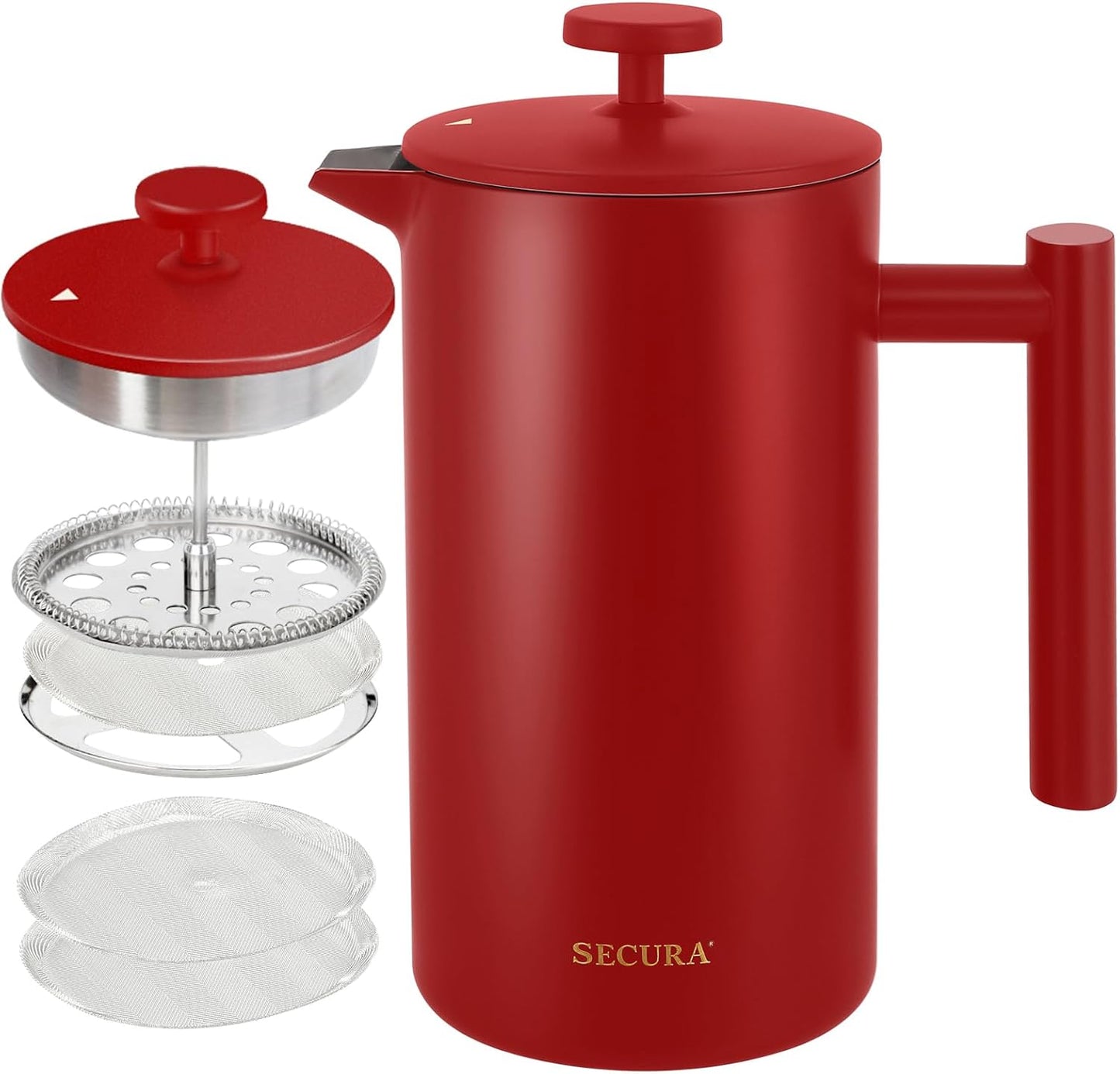 12oz Insulated French Press Coffee Maker - 304 Stainless Steel with 2 Extra Screens, Silver (SFP-12DS)