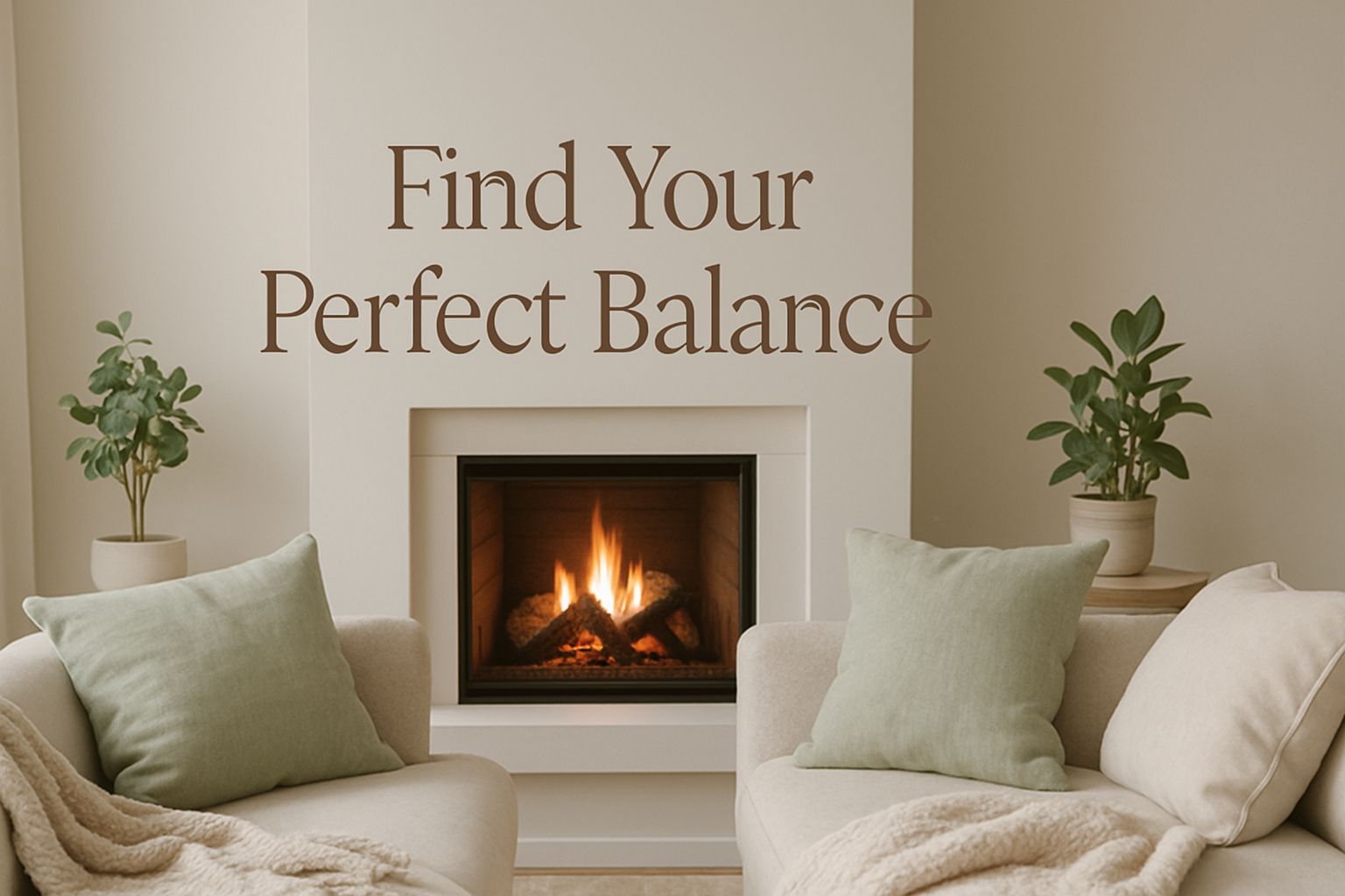"A clean, modern website banner that visually represents balance and a comfortable life. Soft neutral tones (beige, light grey, pastel greens, or blues) with calming imagery like a serene home setting, a fire place, cozy textures (pillows, blankets, plants), and subtle symmetry in the layout. Minimalist typography with a warm and inviting headline. The overall mood should evoke harmony, relaxation, and effortless living — a lifestyle that feels both balanced and attainable."
