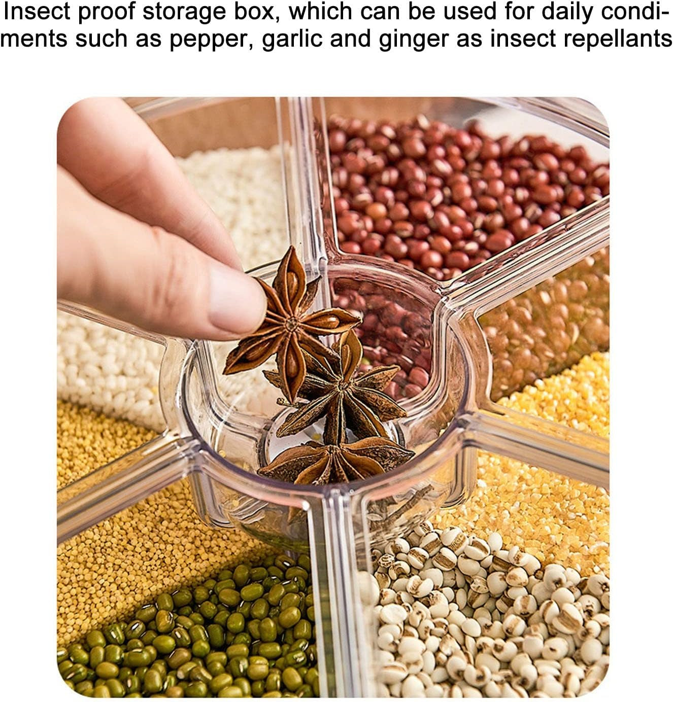 6-Compartment Rotating Rice and Grain Storage Container, 360° Dry Food Dispenser with Lid, 5Kg Capacity for Home Kitchen Use