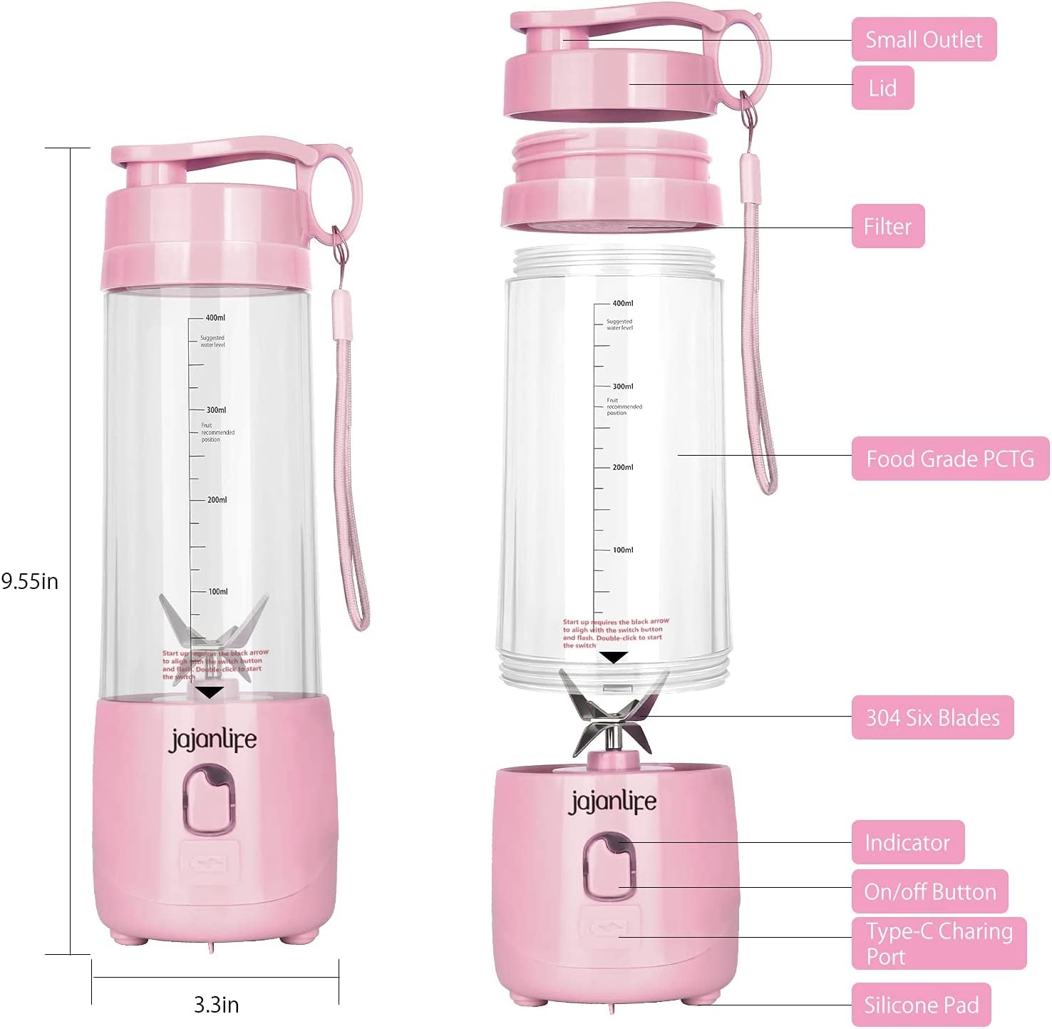 Portable Personal Blender for Shakes and Smoothies - 4000mAh Rechargeable Mini Travel Blender with 3D Six Blades, 13.5oz Fruit Mixer Cup for Home, Sports, and Outdoor Use in Pink