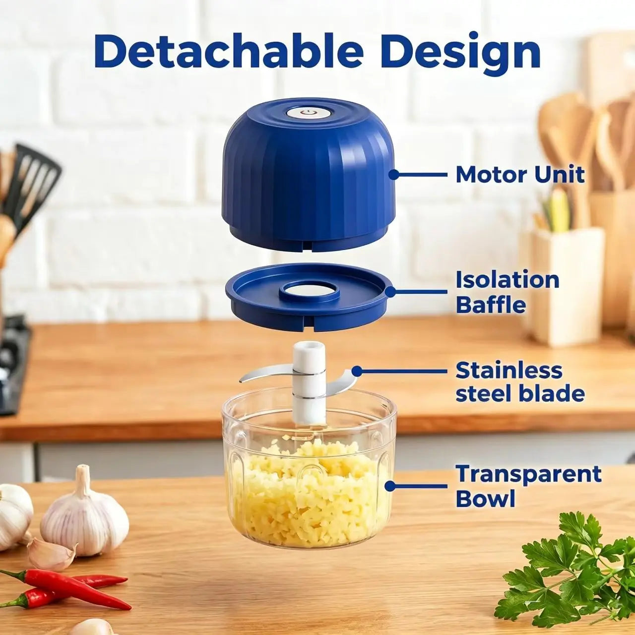 Electric Garlic Chopper with 2 Sharp Blades and a USP Charging Cable; Portable Kitchen Tool Suitable for Garlic, Onions, Ginger, Chili Peppers, and Carrots; Food Processor and Kitchen Vegetable Chopper/Vegetable Cutting Tool.