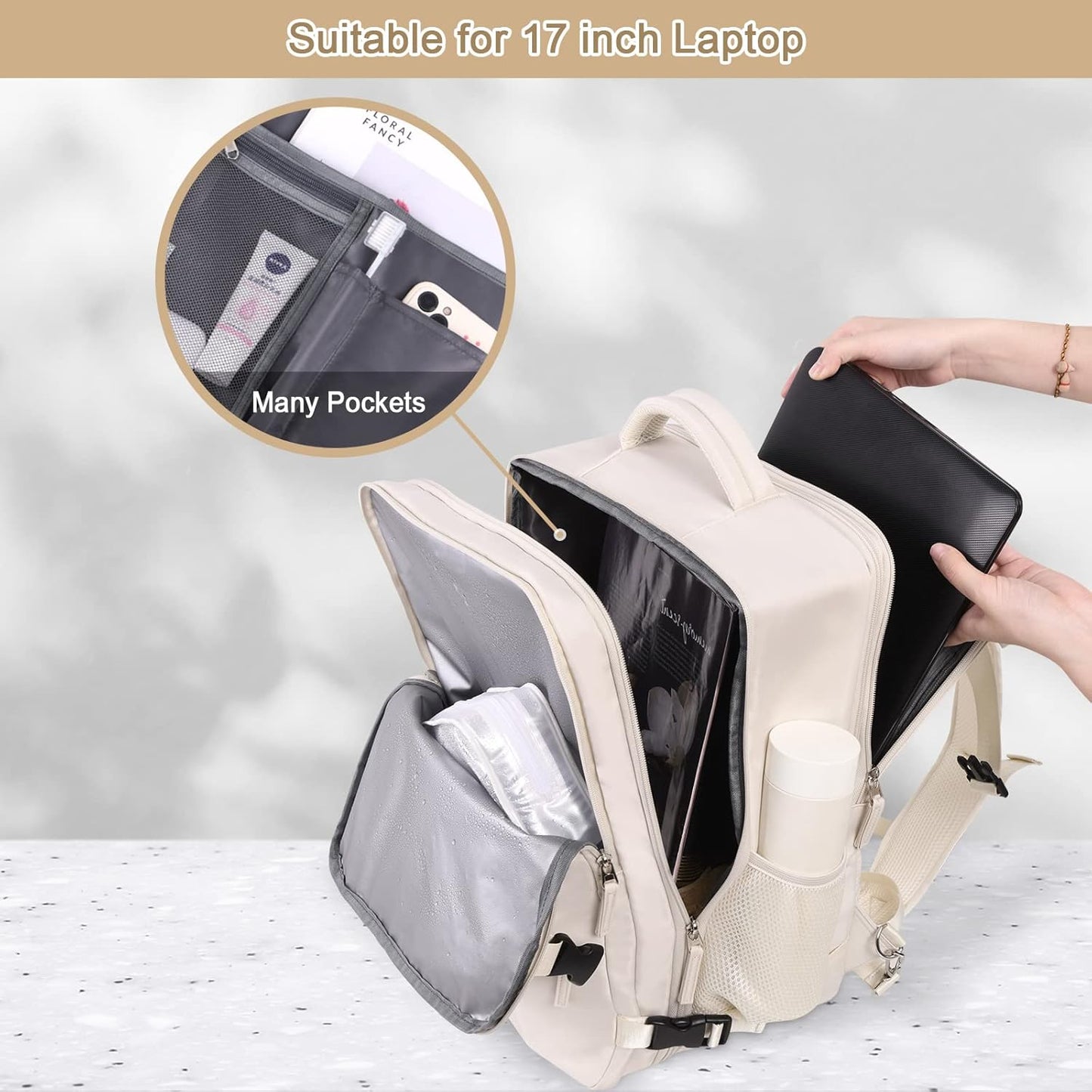 Women's Expandable 40L Travel Backpack, Flight Approved Carry-On, Waterproof 17-Inch Laptop Bag for College, Travel, and Work - Beige