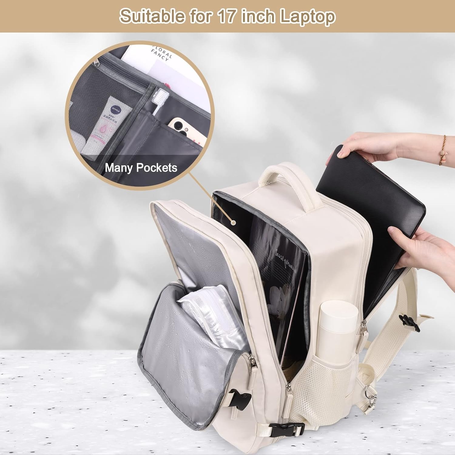 Women's Expandable 40L Travel Backpack, Flight Approved Carry-On, Waterproof 17-Inch Laptop Bag for College, Travel, and Work - Beige