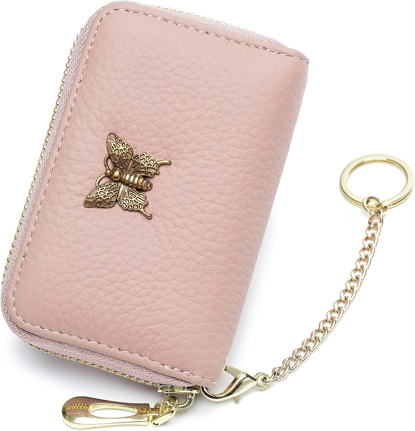 RFID Credit Card Holder for Women Genuine Leather Card Case Wallet with Zipper and Removable Keychain (Black)