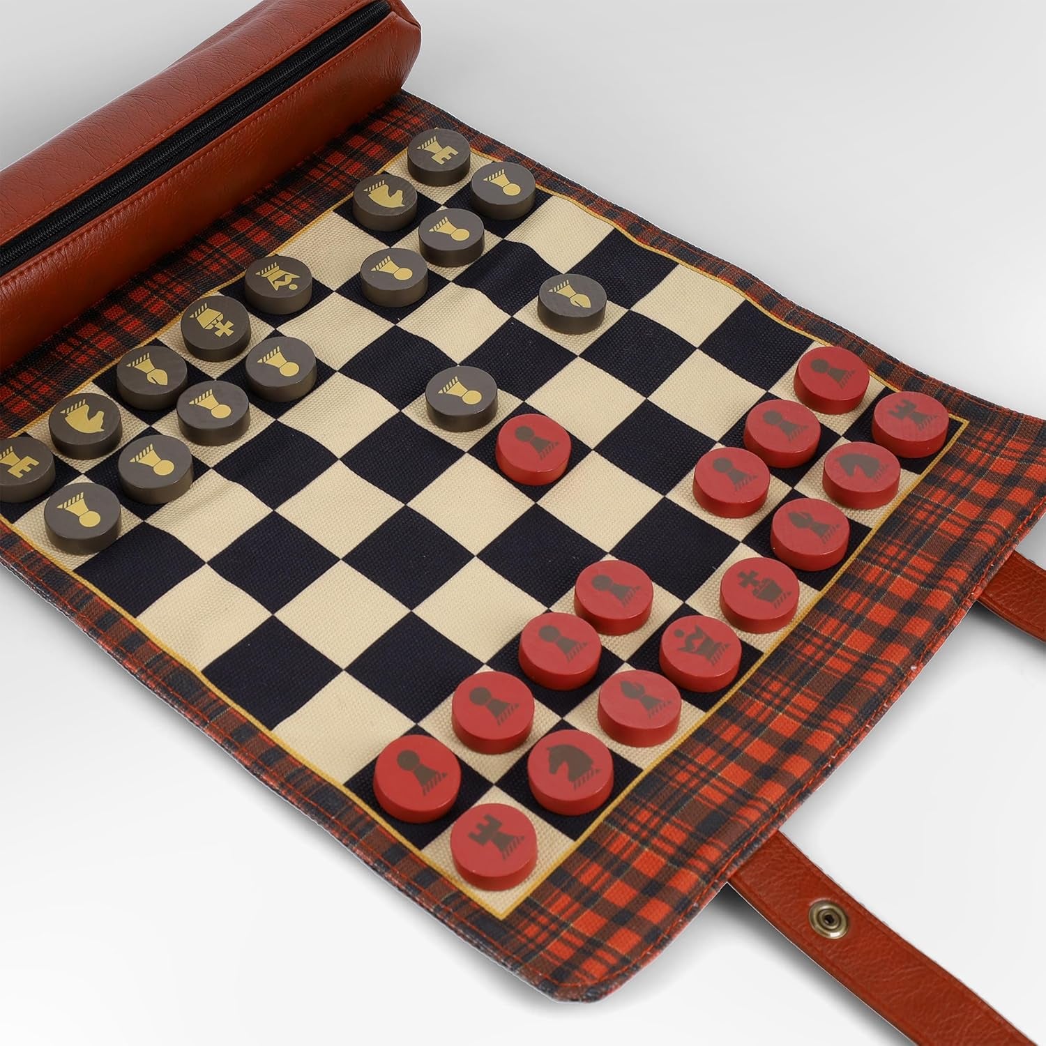 Pendleton Red Black Check Pattern Chess & Checkers - Travel-Ready Roll-Up Game