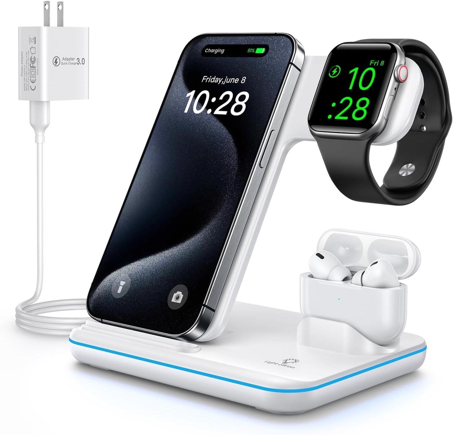 3-in-1 Wireless Charging Station for iPhone 16/15/14/13/12/11/X/8, Apple Watch Series 10/9/8/7/6/5/4/3/2/SE/Ultra/Ultra 2, and AirPods 4/3/2/Pro/Pro 2 (Black)
