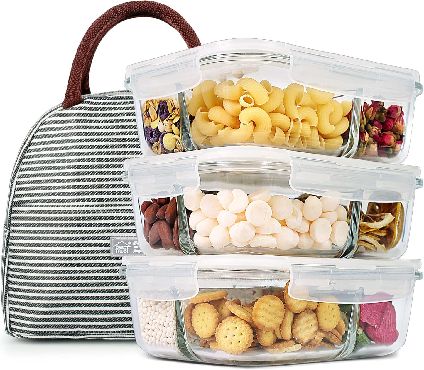 Set of 3 - 36oz Glass Meal Prep Containers with 3 Compartments and Lids, Oven and Microwave Safe