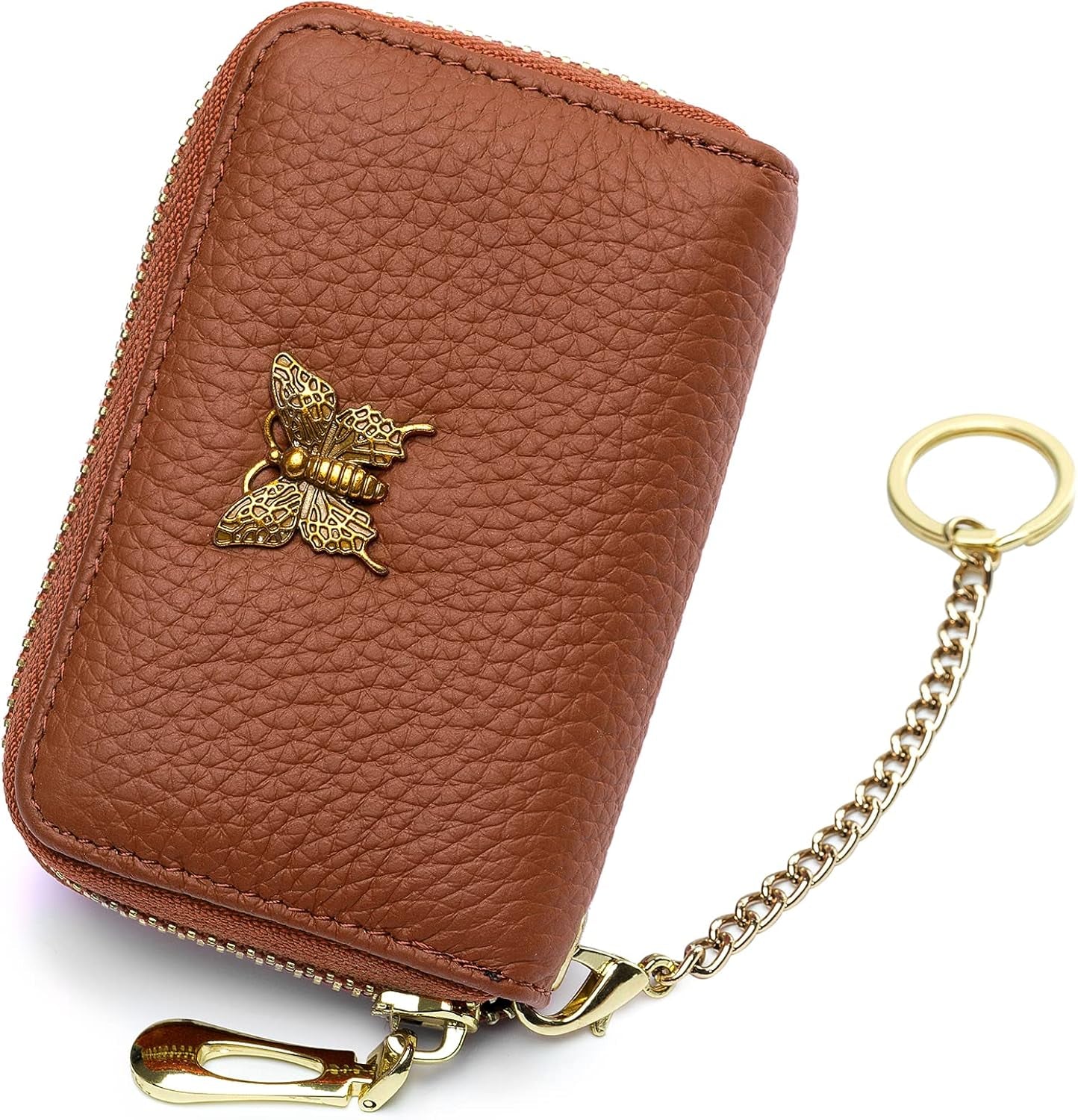 RFID Credit Card Holder for Women Genuine Leather Card Case Wallet with Zipper and Removable Keychain (Black)