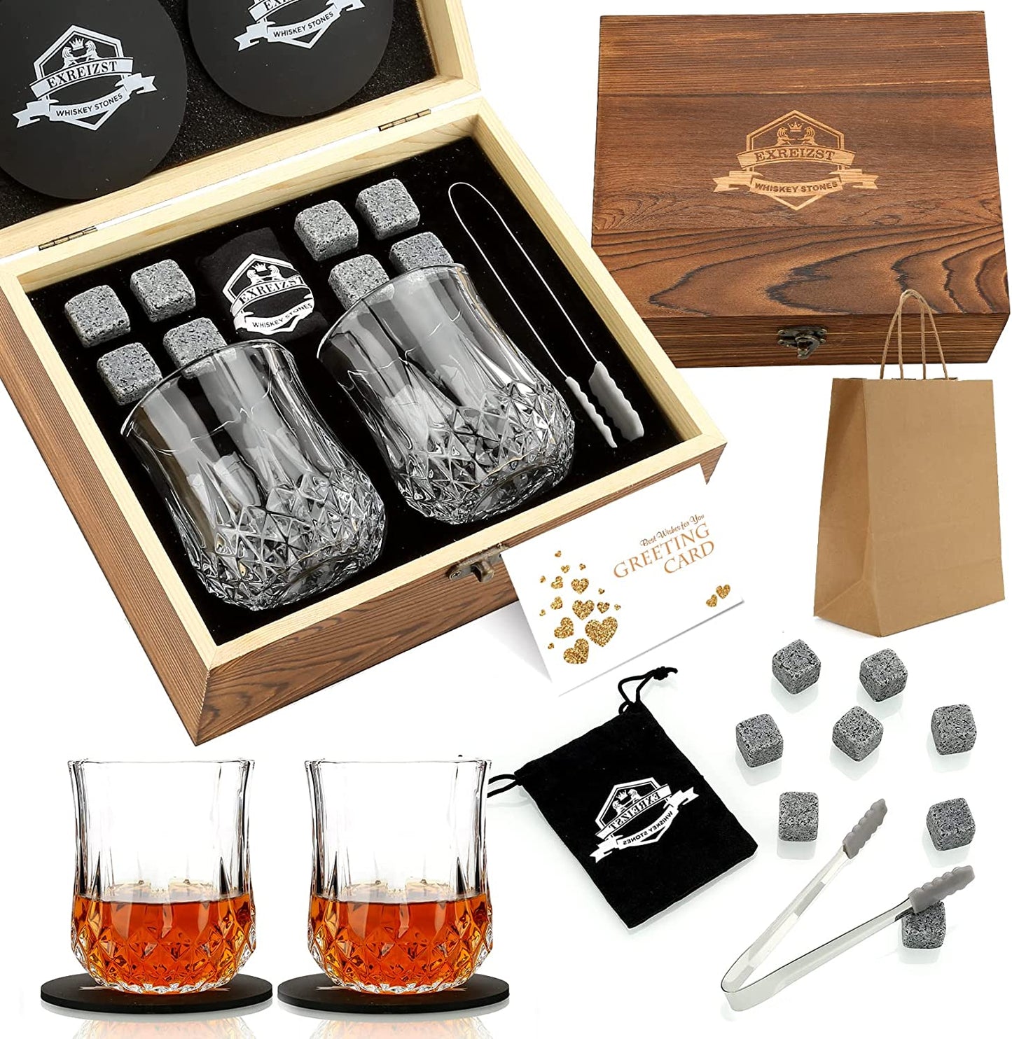 Whiskey Stones Gift Set - Two Granite Whiskey Glasses with Chilling Rocks - Premium Scotch and Bourbon Gift Box - Perfect Father's Day and Birthday Gift for Men