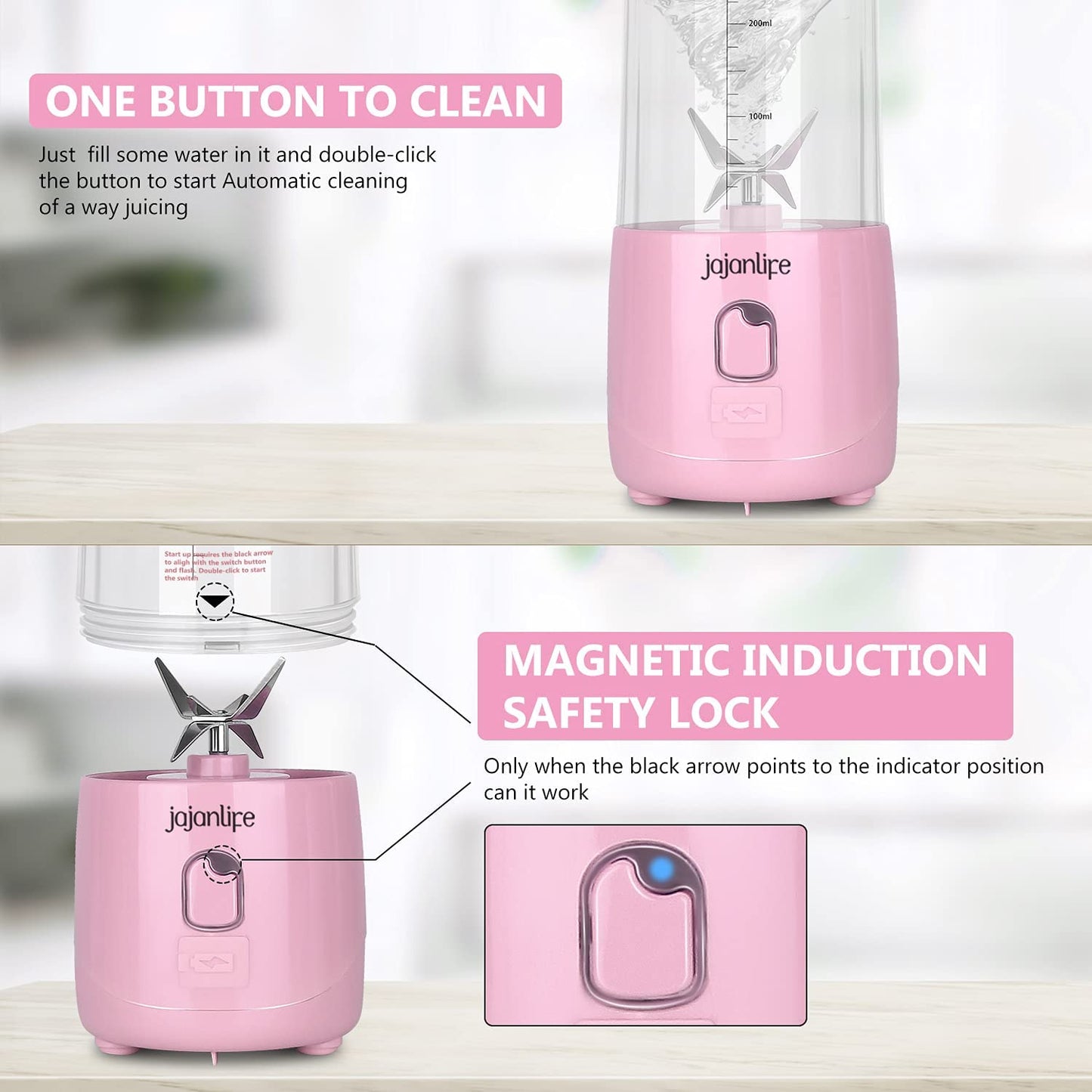 Portable Personal Blender for Shakes and Smoothies - 4000mAh Rechargeable Mini Travel Blender with 3D Six Blades, 13.5oz Fruit Mixer Cup for Home, Sports, and Outdoor Use in Pink