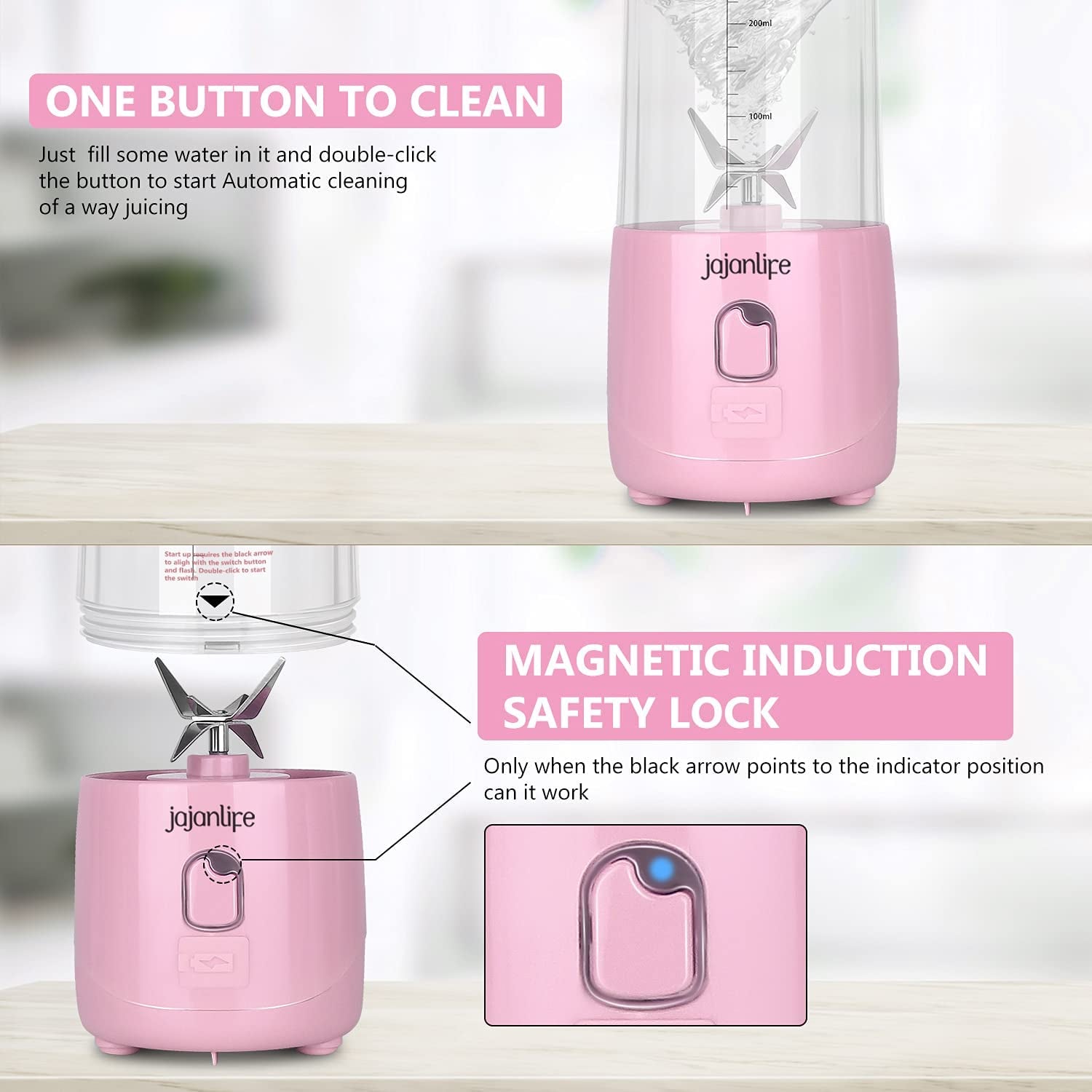 Portable Personal Blender for Shakes and Smoothies - 4000mAh Rechargeable Mini Travel Blender with 3D Six Blades, 13.5oz Fruit Mixer Cup for Home, Sports, and Outdoor Use in Pink