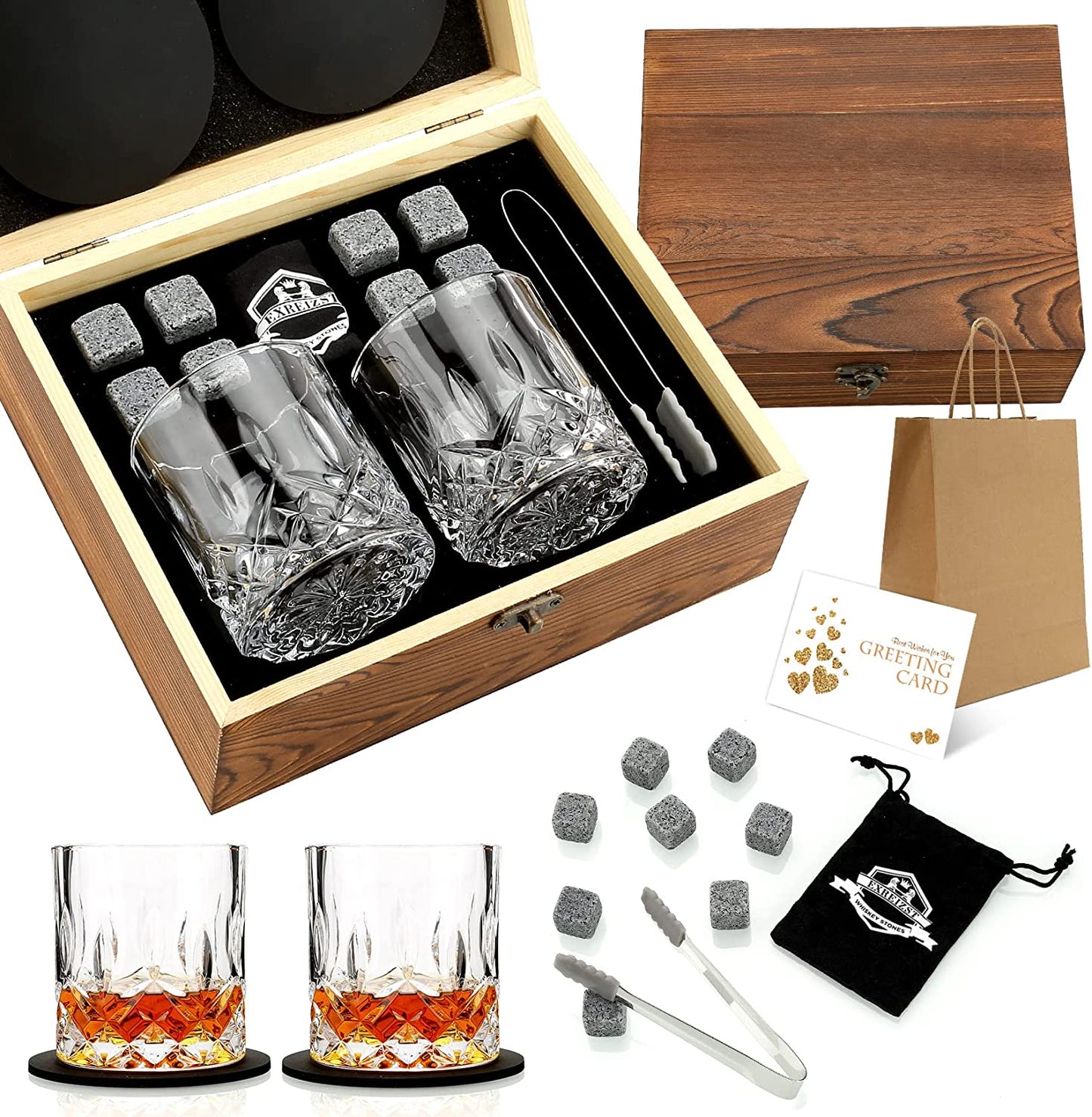 Whiskey Stones Gift Set - Two Granite Whiskey Glasses with Chilling Rocks - Premium Scotch and Bourbon Gift Box - Perfect Father's Day and Birthday Gift for Men