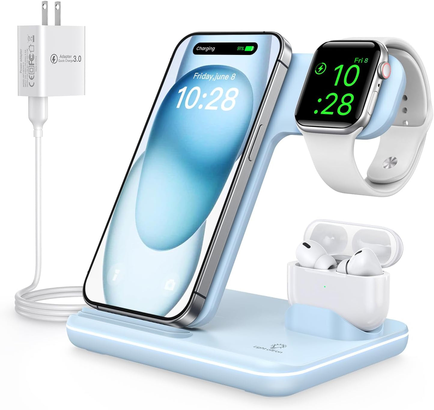 3-in-1 Wireless Charging Station for iPhone 16/15/14/13/12/11/X/8, Apple Watch Series 10/9/8/7/6/5/4/3/2/SE/Ultra/Ultra 2, and AirPods 4/3/2/Pro/Pro 2 (Black)