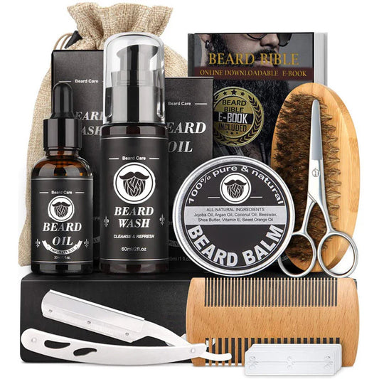 Gentleman's Facial Hair Care Set with Beard Brush and Sanitizing Solution