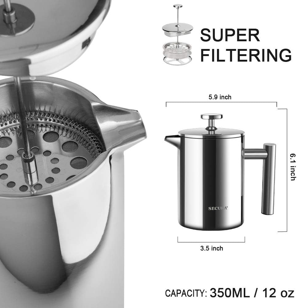 12oz Insulated French Press Coffee Maker - 304 Stainless Steel with 2 Extra Screens, Silver (SFP-12DS)