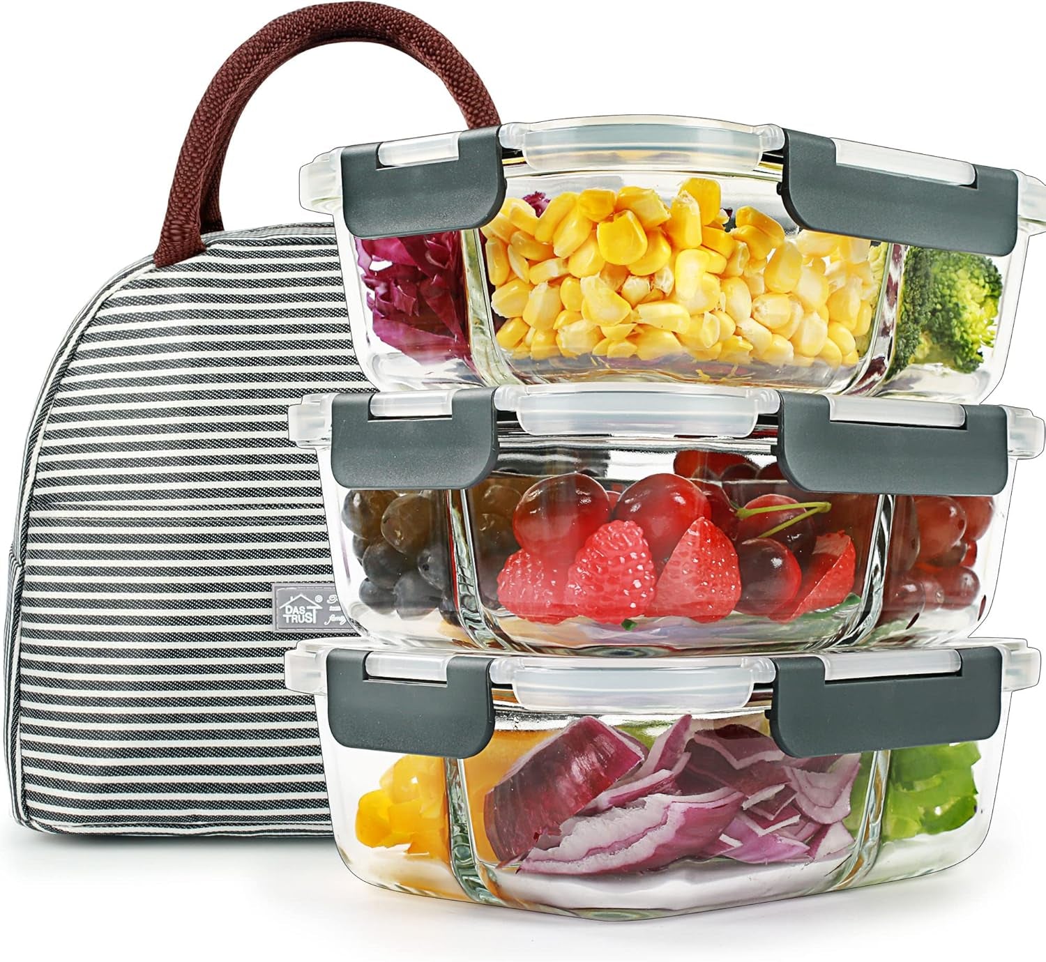 Set of 3 - 36oz Glass Meal Prep Containers with 3 Compartments and Lids, Oven and Microwave Safe