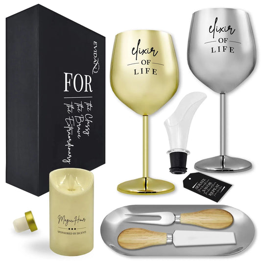 Luxury Wine Gift Set: Stainless Steel Glasses, Stopper, Aerator, Cheese Tray, Knife & Fork - Elegantly Packaged for a Memorable Experience