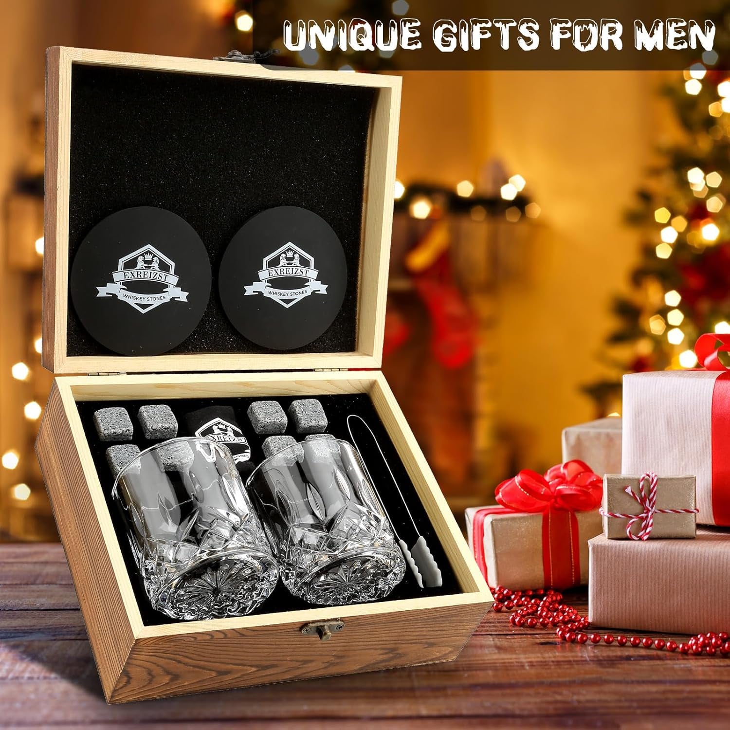 Whiskey Stones Gift Set - Two Granite Whiskey Glasses with Chilling Rocks - Premium Scotch and Bourbon Gift Box - Perfect Father's Day and Birthday Gift for Men