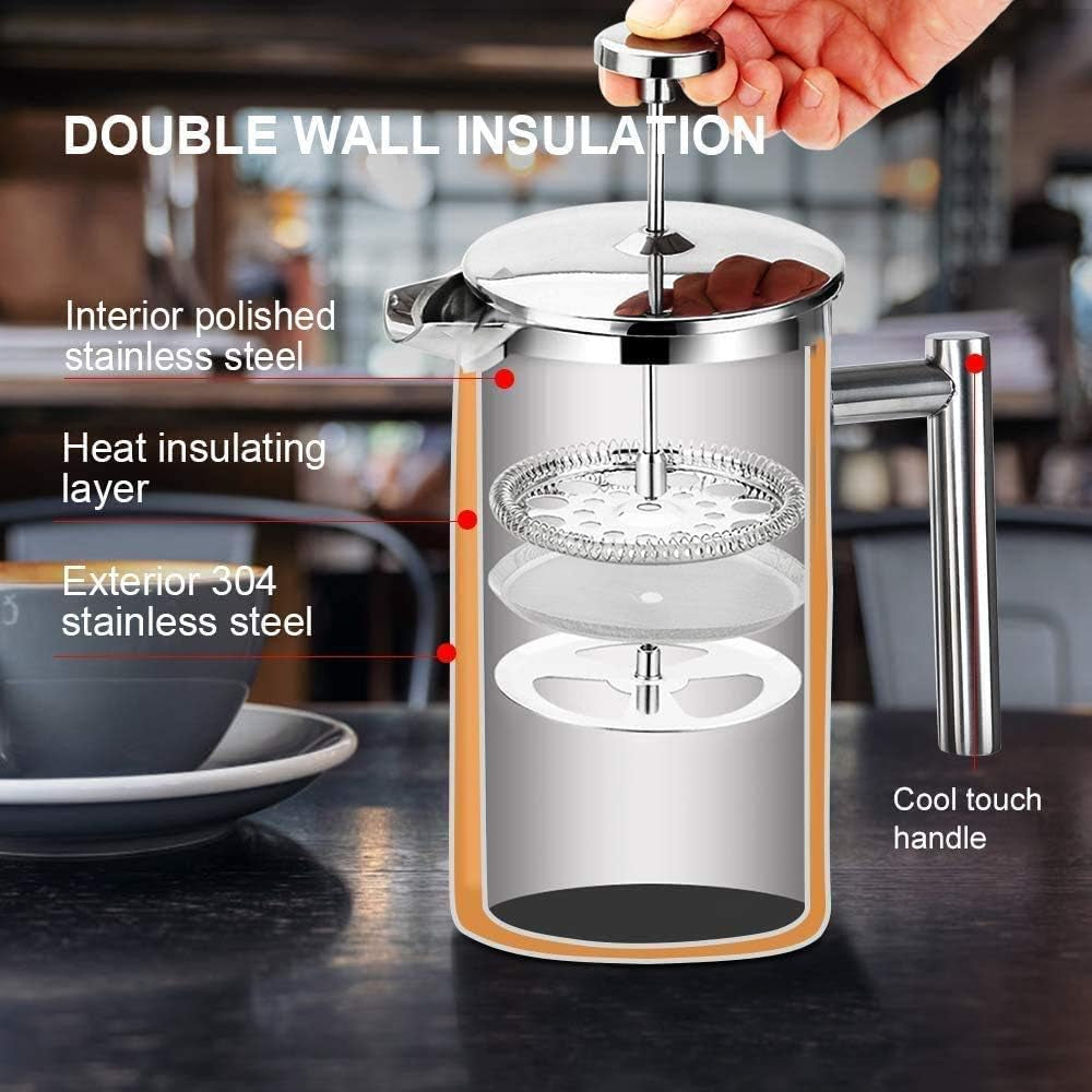 12oz Insulated French Press Coffee Maker - 304 Stainless Steel with 2 Extra Screens, Silver (SFP-12DS)