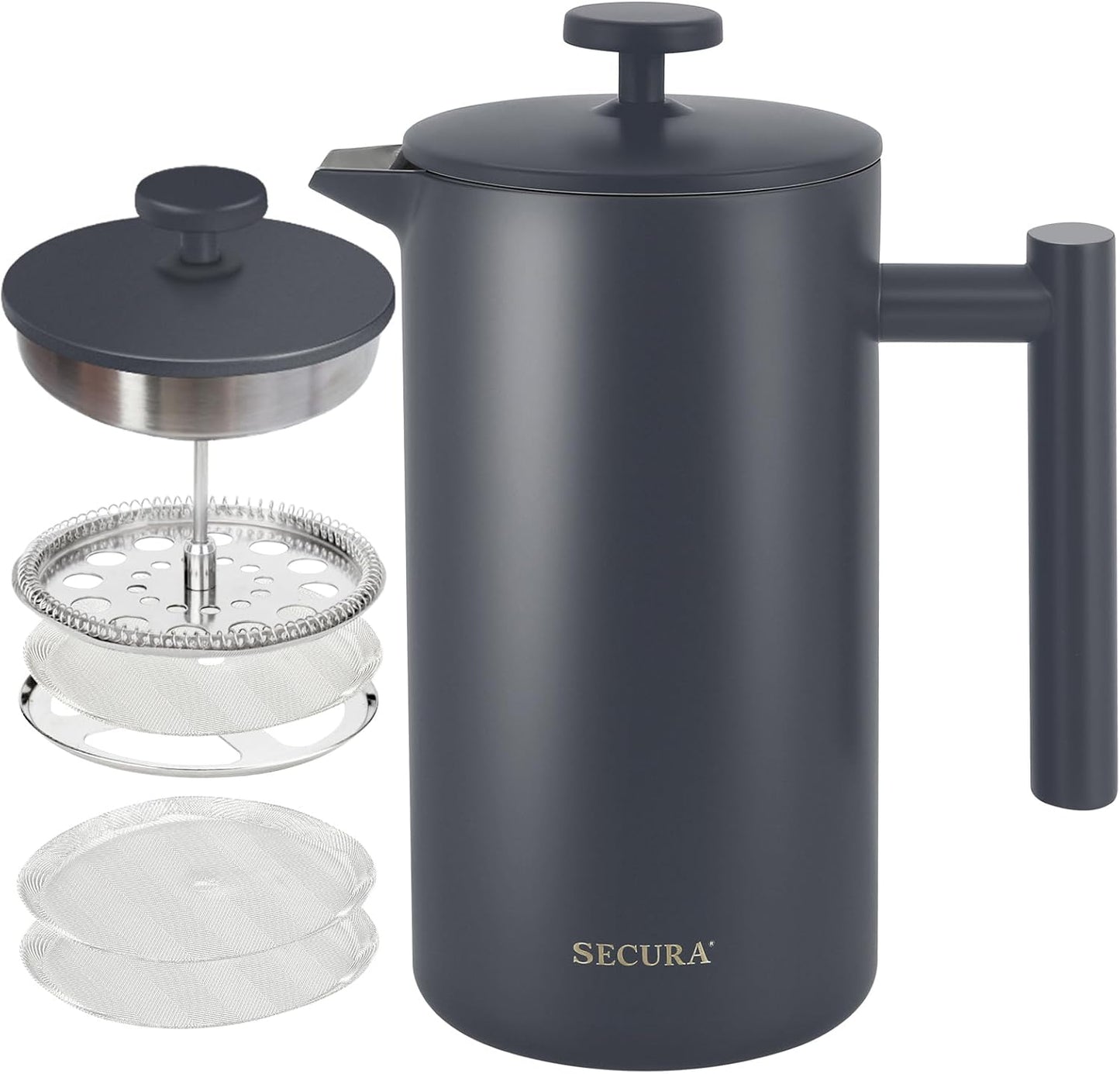 12oz Insulated French Press Coffee Maker - 304 Stainless Steel with 2 Extra Screens, Silver (SFP-12DS)