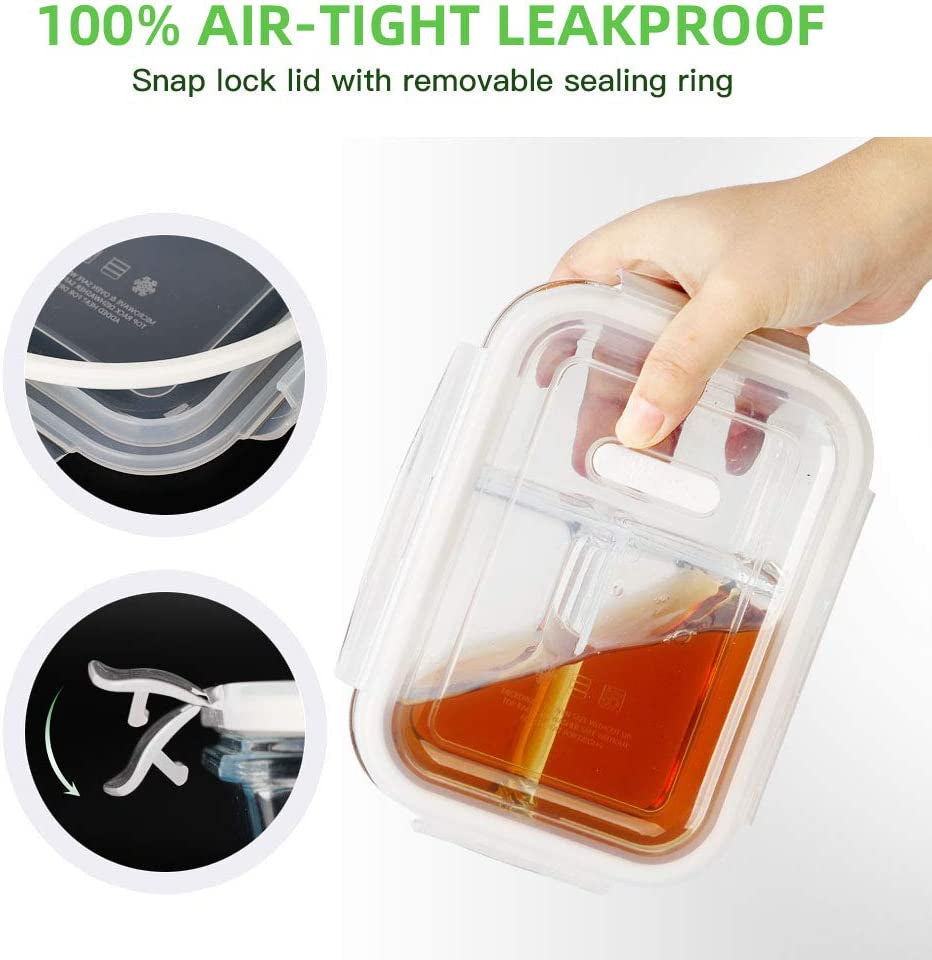 Set of 3 - 36oz Glass Meal Prep Containers with 3 Compartments and Lids, Oven and Microwave Safe
