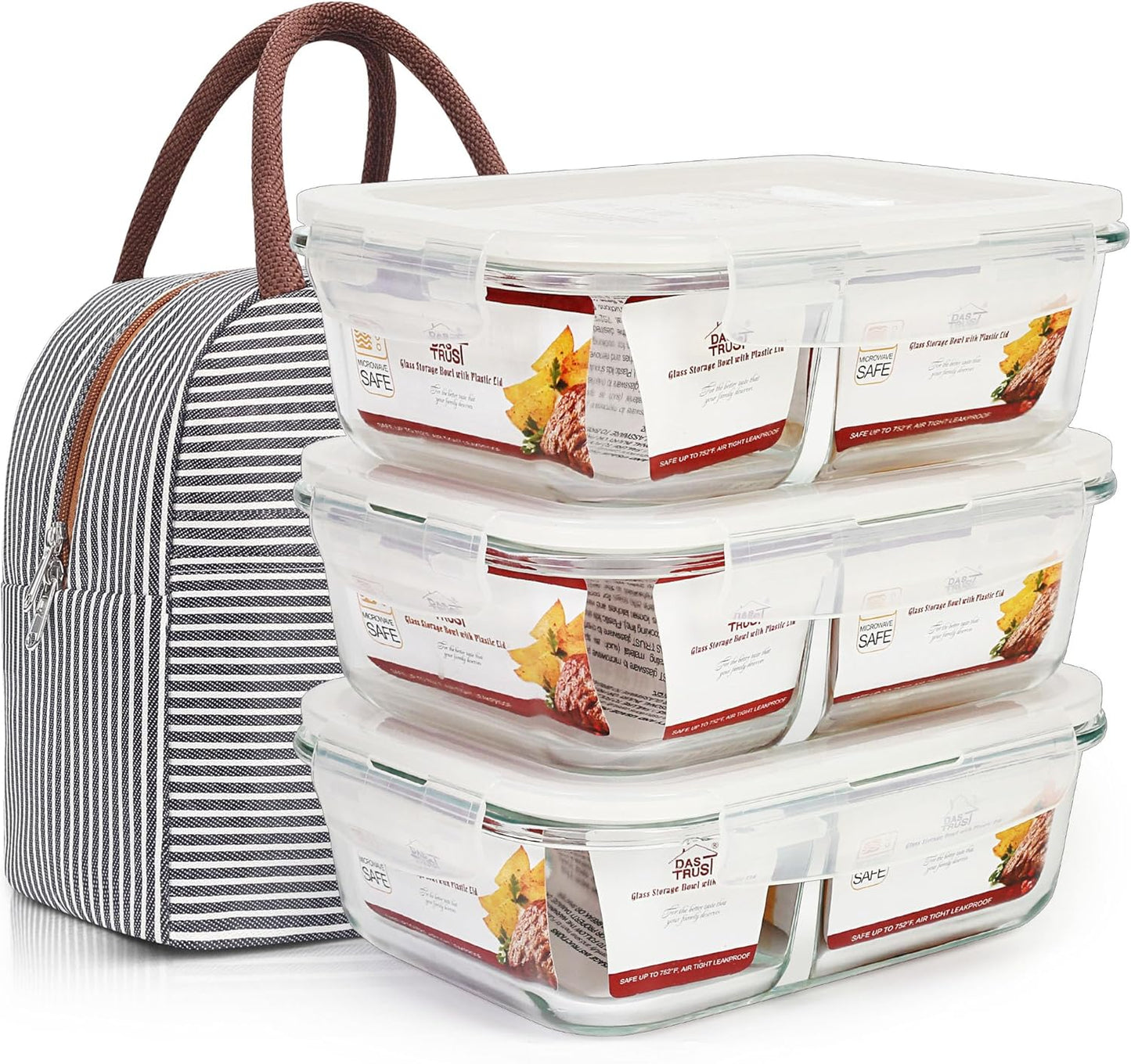 Set of 3 - 36oz Glass Meal Prep Containers with 3 Compartments and Lids, Oven and Microwave Safe