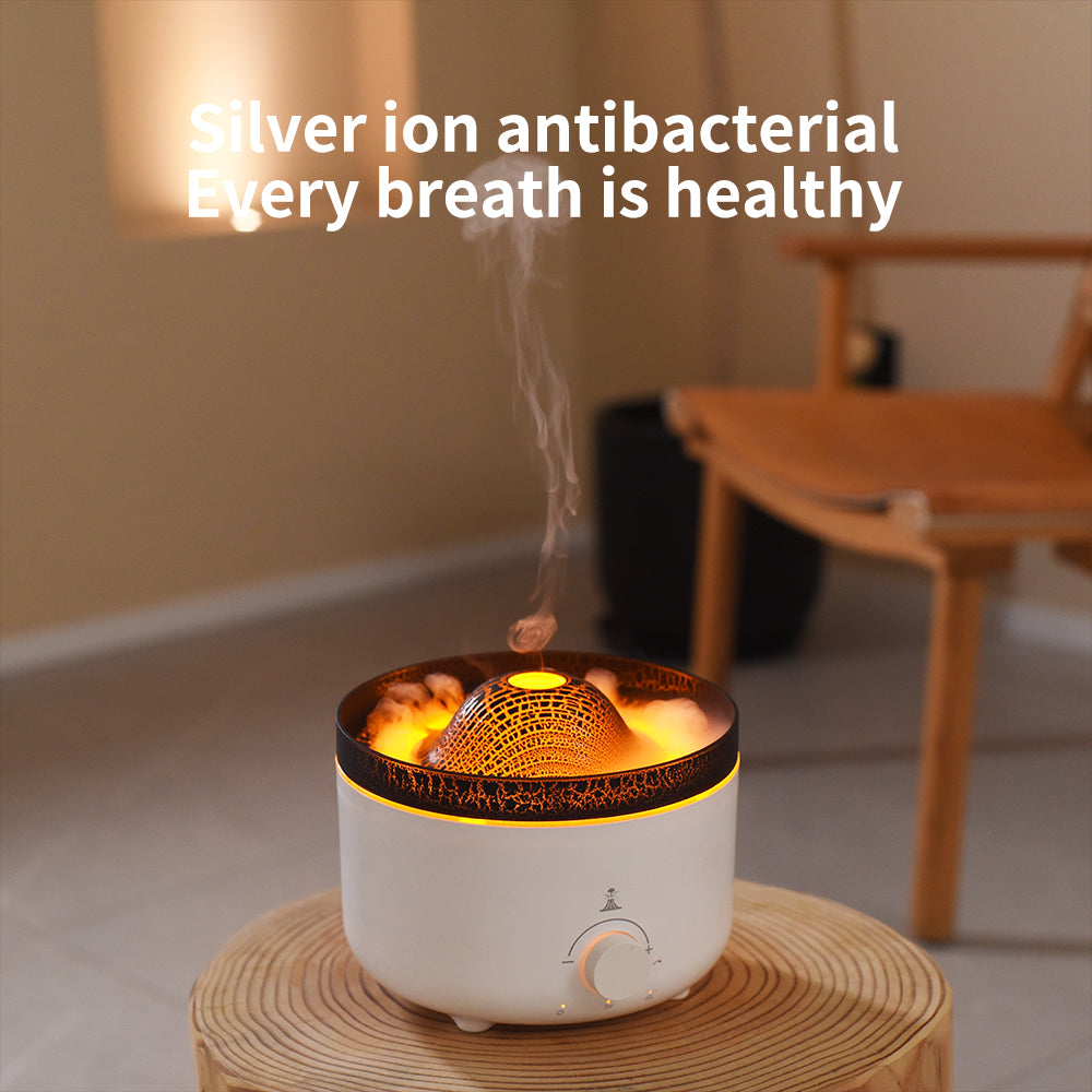 Compact Simulated Flame Volcano Humidifier and Diffuser for Home Décor