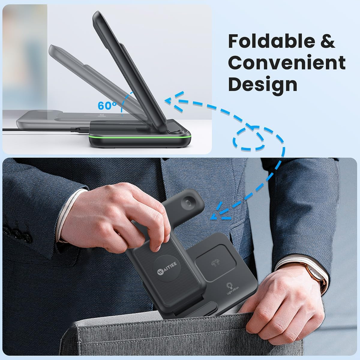 3-in-1 Wireless Charging Station for iPhone 16/15/14/13/12/11/X/8, Apple Watch Series 10/9/8/7/6/5/4/3/2/SE/Ultra/Ultra 2, and AirPods 4/3/2/Pro/Pro 2 (Black)