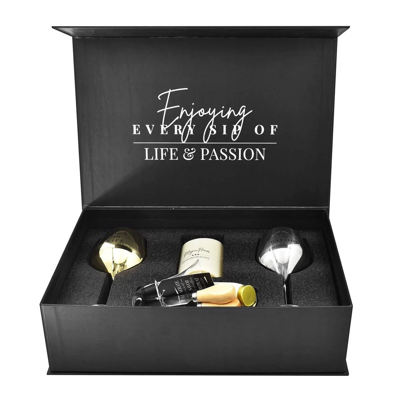 Luxury Wine Gift Set: Stainless Steel Glasses, Stopper, Aerator, Cheese Tray, Knife & Fork - Elegantly Packaged for a Memorable Experience