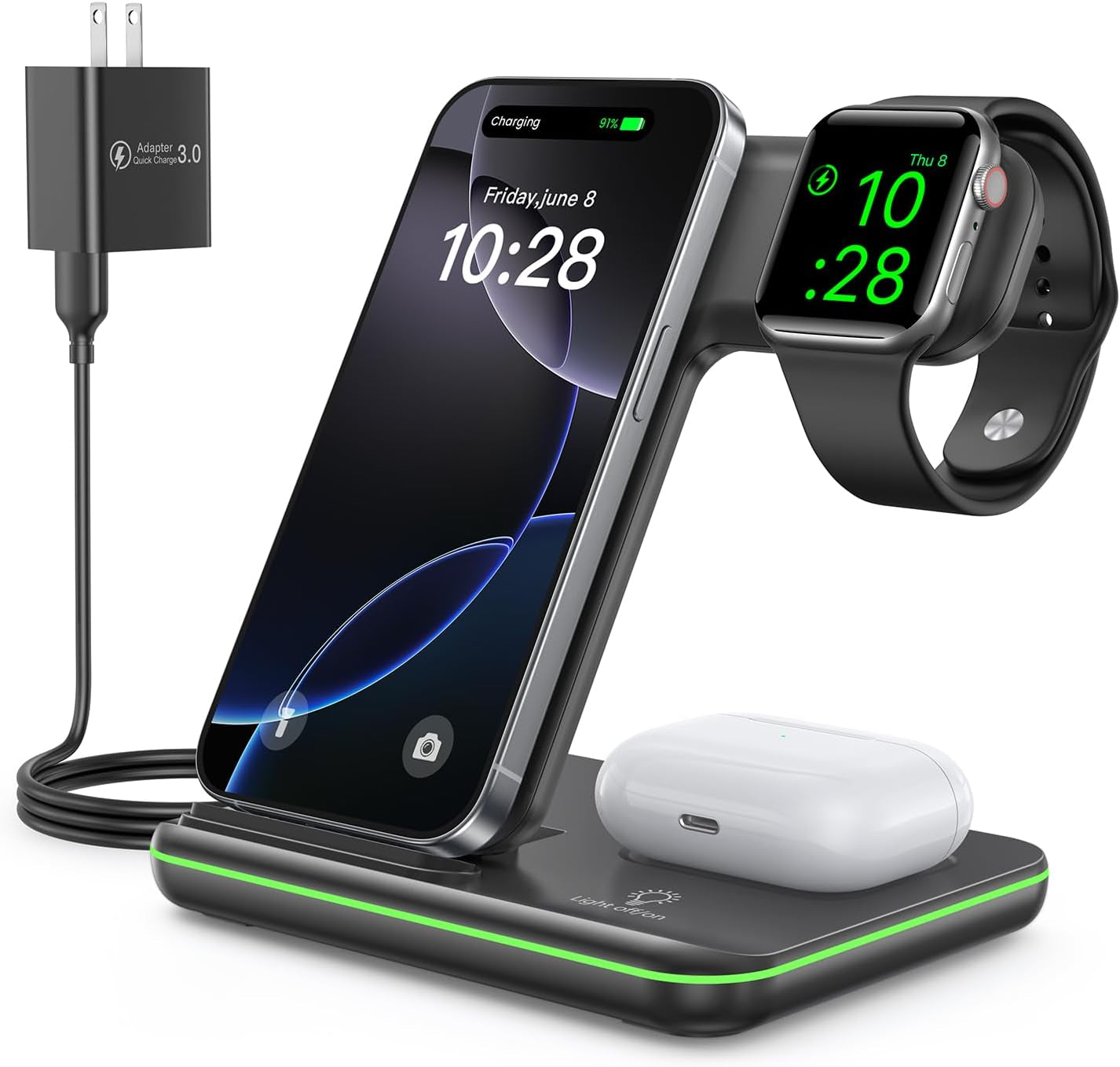 3-in-1 Wireless Charging Station for iPhone 16/15/14/13/12/11/X/8, Apple Watch Series 10/9/8/7/6/5/4/3/2/SE/Ultra/Ultra 2, and AirPods 4/3/2/Pro/Pro 2 (Black)