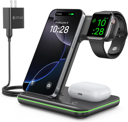 3-in-1 Wireless Charging Station for iPhone 16/15/14/13/12/11/X/8, Apple Watch Series 10/9/8/7/6/5/4/3/2/SE/Ultra/Ultra 2, and AirPods 4/3/2/Pro/Pro 2 (Black)