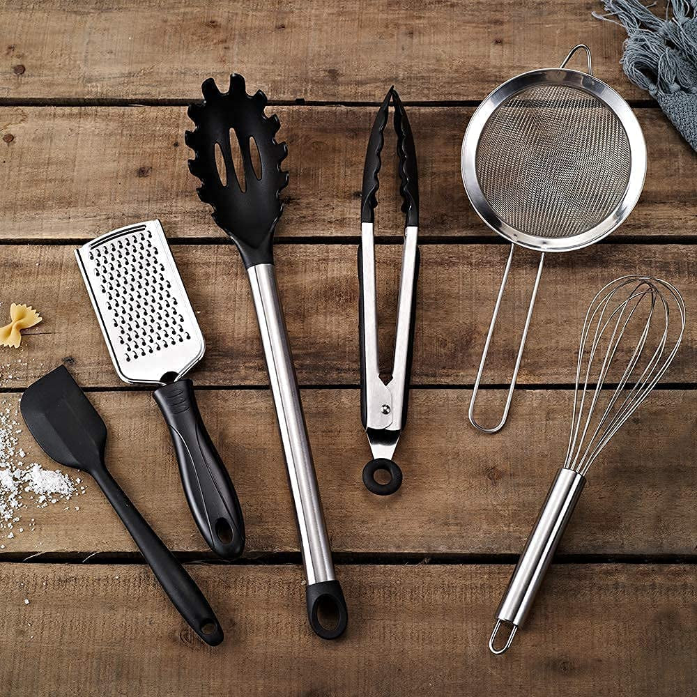 42-Piece Professional Kitchen Utensil Set in Nylon and Stainless Steel for Cooking and Baking, Black