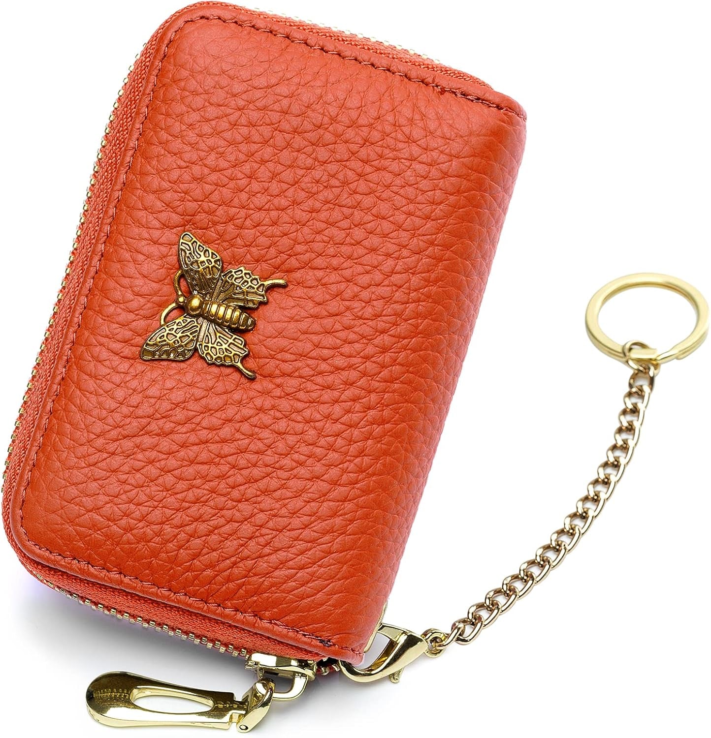 RFID Credit Card Holder for Women Genuine Leather Card Case Wallet with Zipper and Removable Keychain (Black)