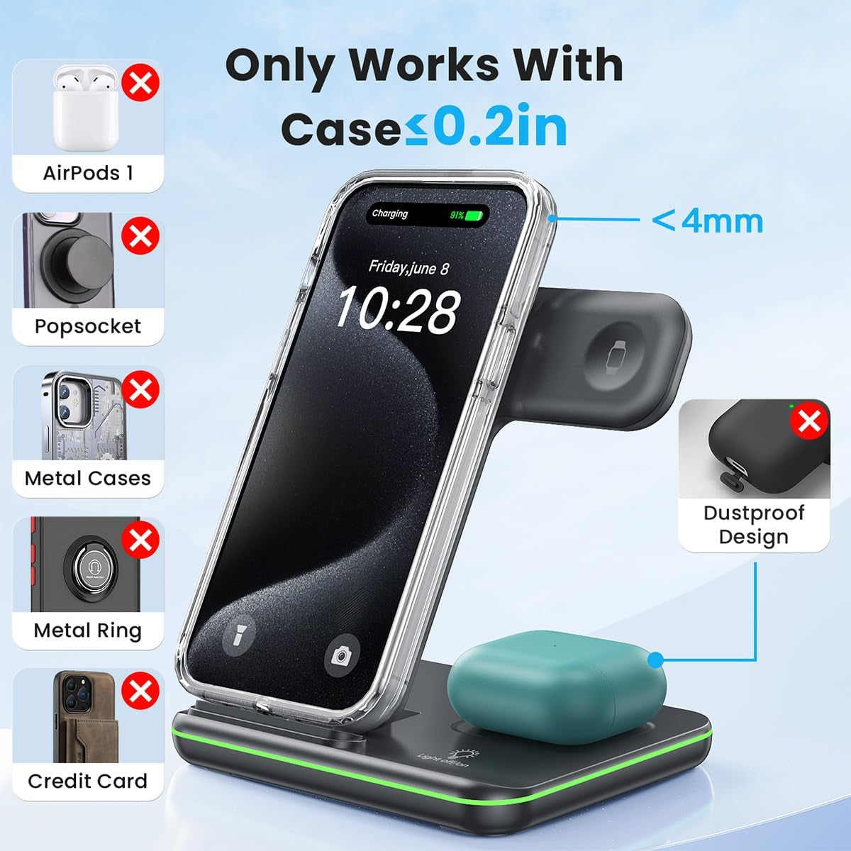 3-in-1 Wireless Charging Station for iPhone 16/15/14/13/12/11/X/8, Apple Watch Series 10/9/8/7/6/5/4/3/2/SE/Ultra/Ultra 2, and AirPods 4/3/2/Pro/Pro 2 (Black)