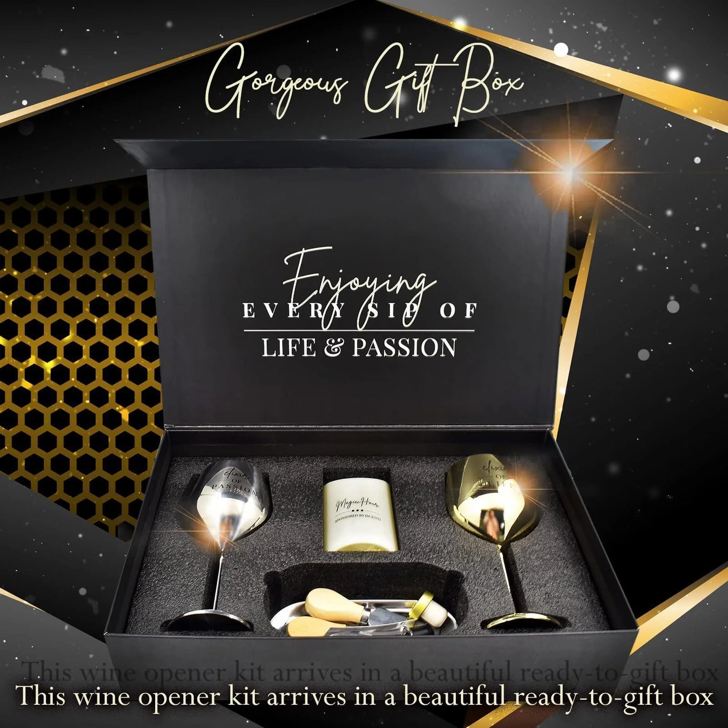 Luxury Wine Gift Set: Stainless Steel Glasses, Stopper, Aerator, Cheese Tray, Knife & Fork - Elegantly Packaged for a Memorable Experience