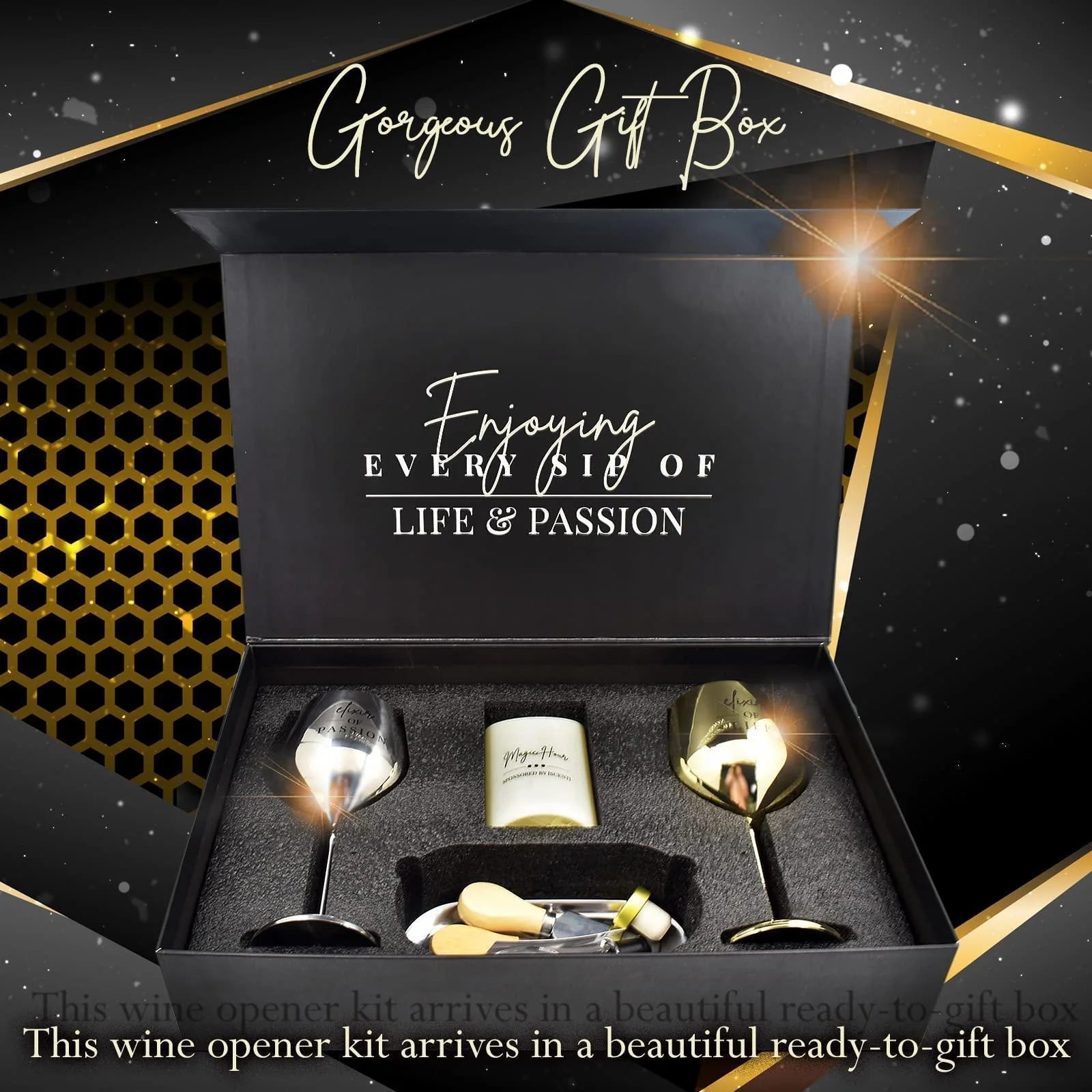 Luxury Wine Gift Set: Stainless Steel Glasses, Stopper, Aerator, Cheese Tray, Knife & Fork - Elegantly Packaged for a Memorable Experience